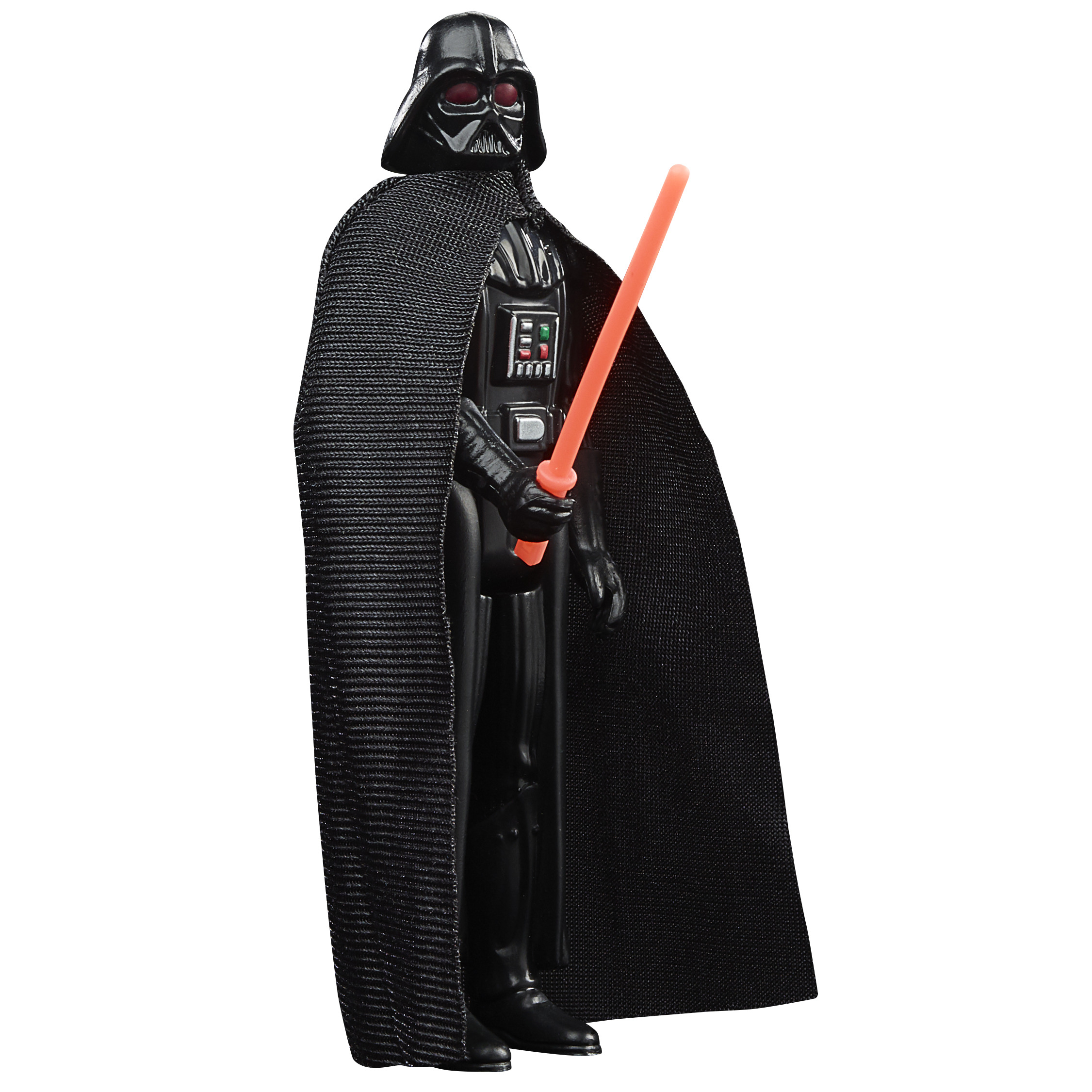Action figure di Darth Vader con una spada laser rossa. Indossa un elmetto, un mantello e un'uniforme neri. Lo sfondo è bianco.