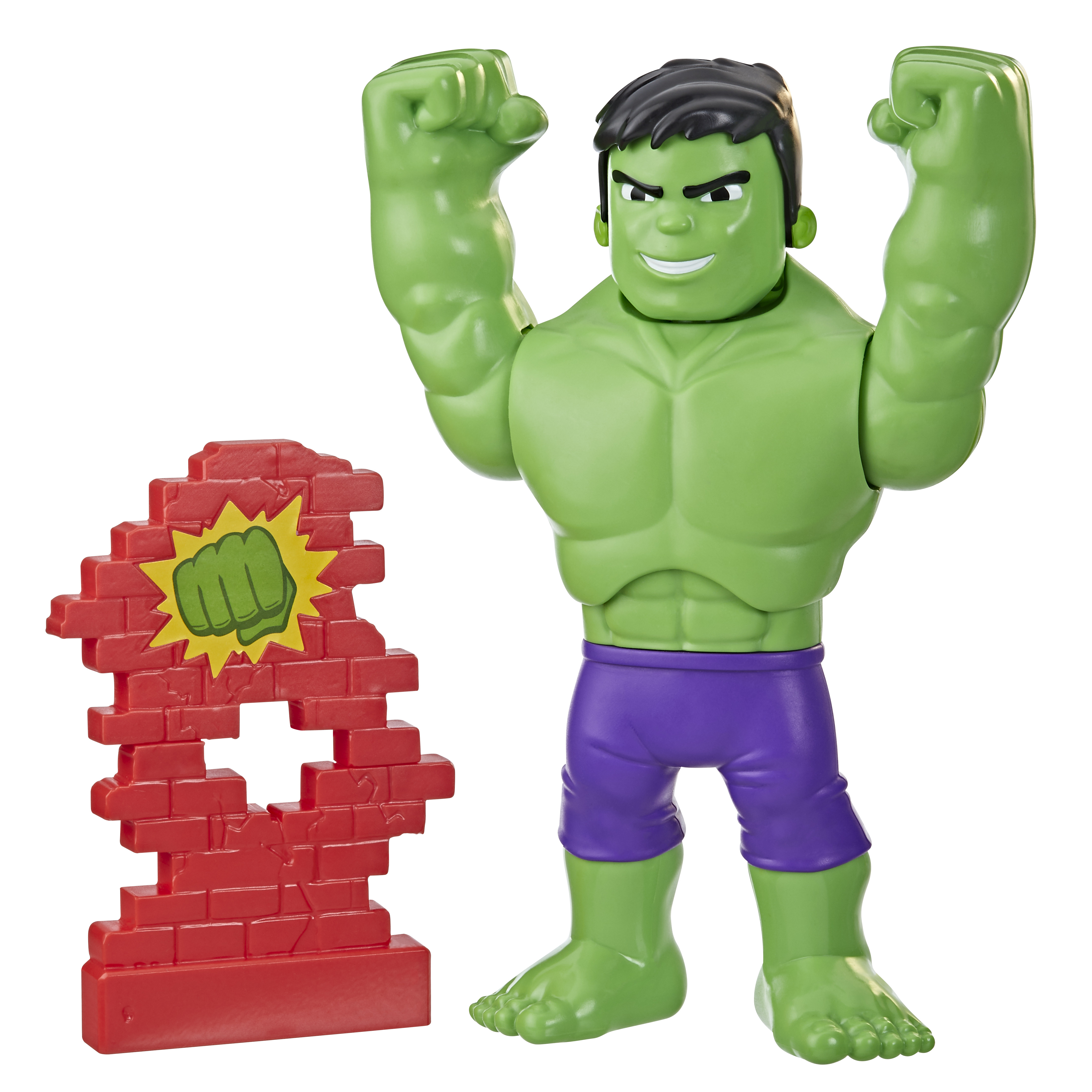 La figura di Hulk con i pugni alzati, accanto a un muro di mattoni rossi con un buco e una grafica a pugno.
