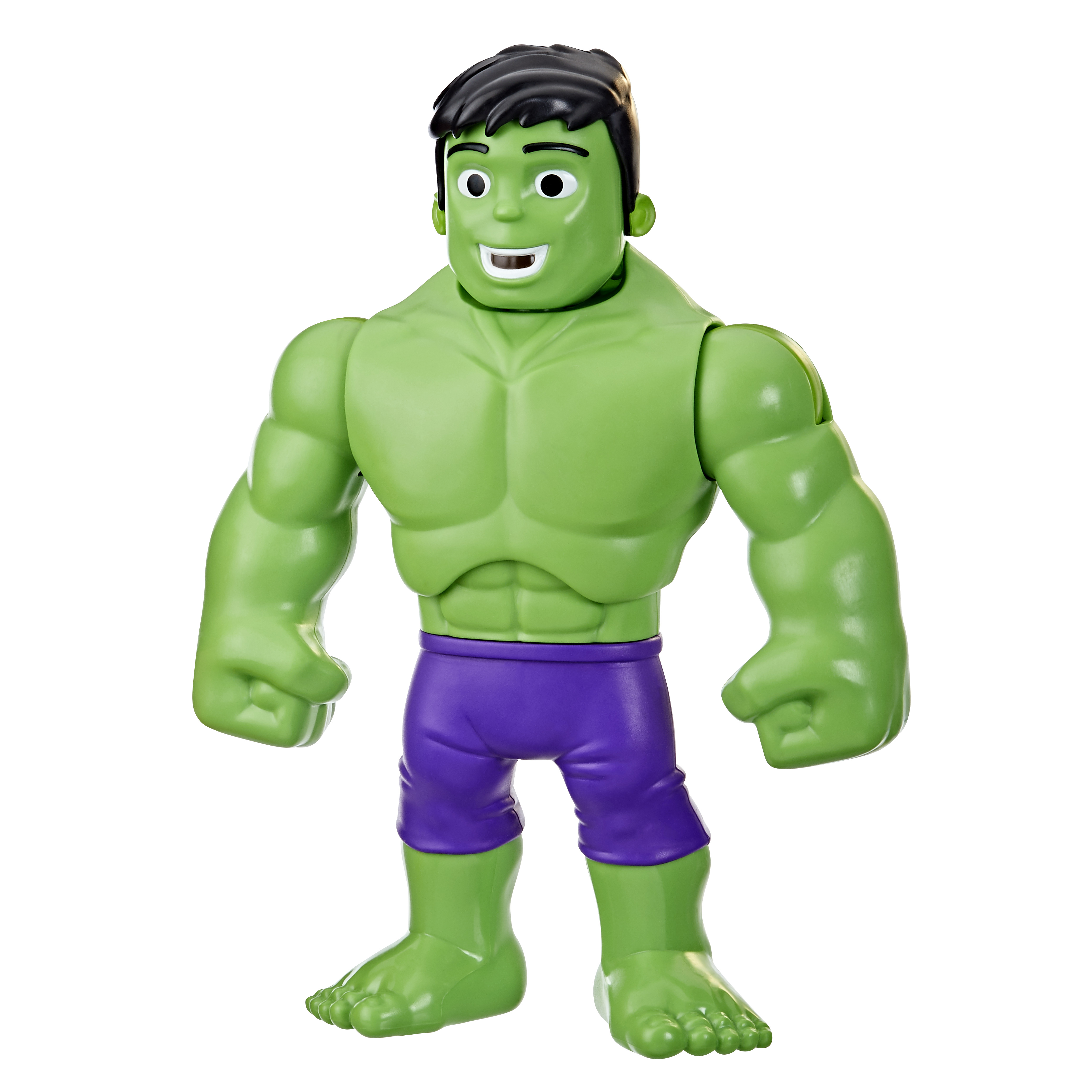 Un giocattolo verde di Hulk è in piedi rivolto in avanti. Ha i capelli neri, pantaloncini viola e un viso sorridente.