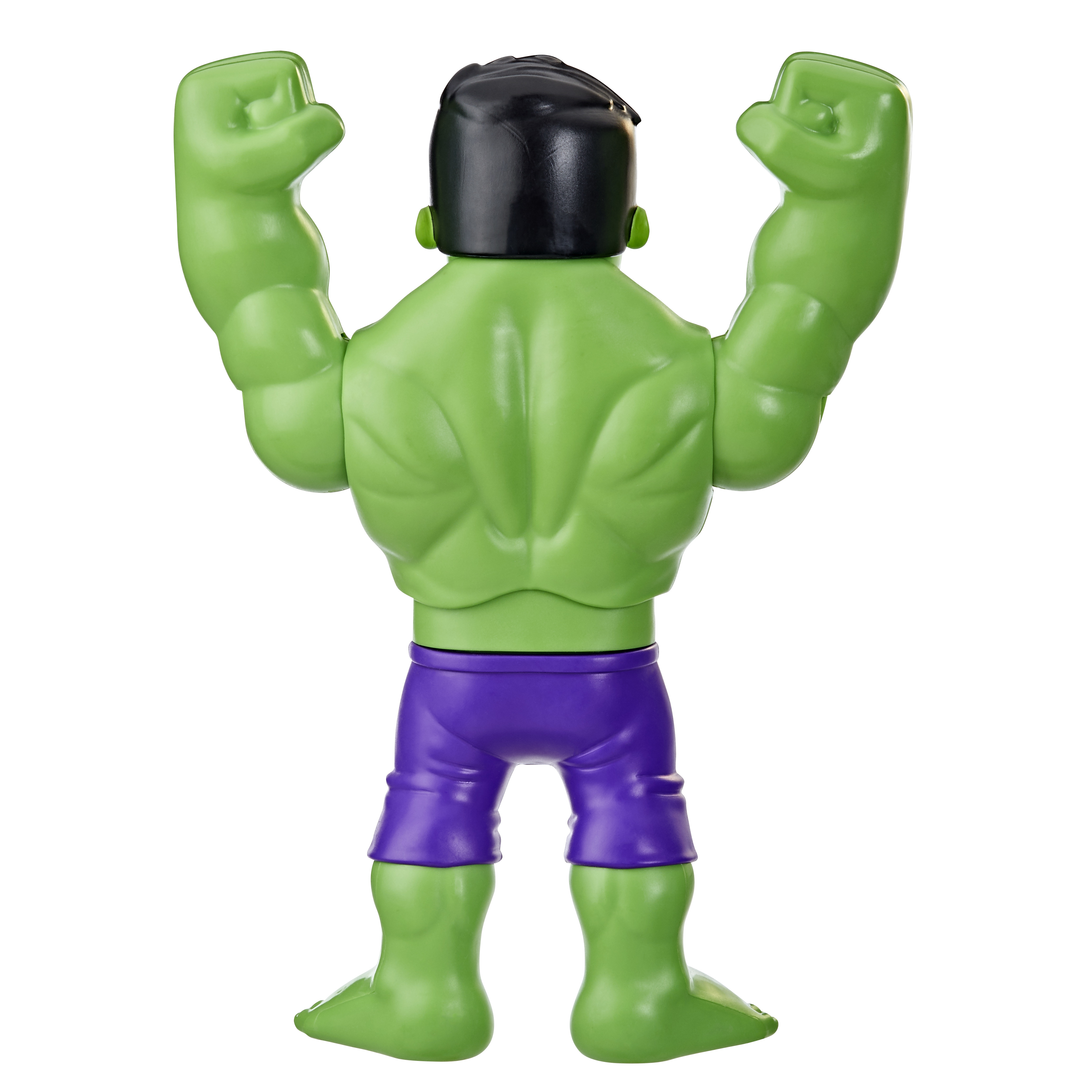 Vista posteriore di un giocattolo di Hulk. Corpo verde, capelli neri, pantaloncini viola. Braccia alzate.