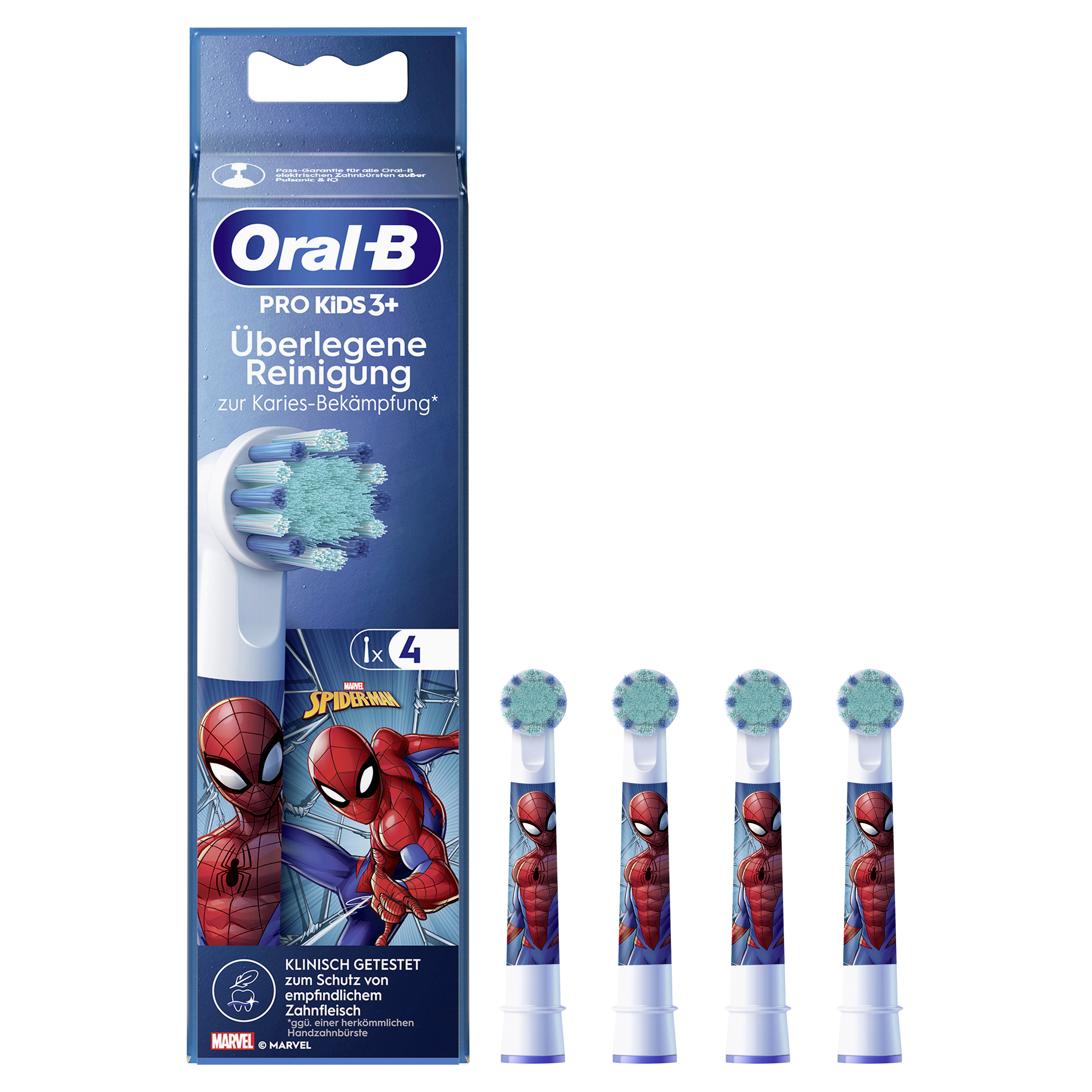 Scatola di testine per spazzolino Oral-B Pro Kids 3+ con grafica di Spider-Man. Diverse testine sono visibili.