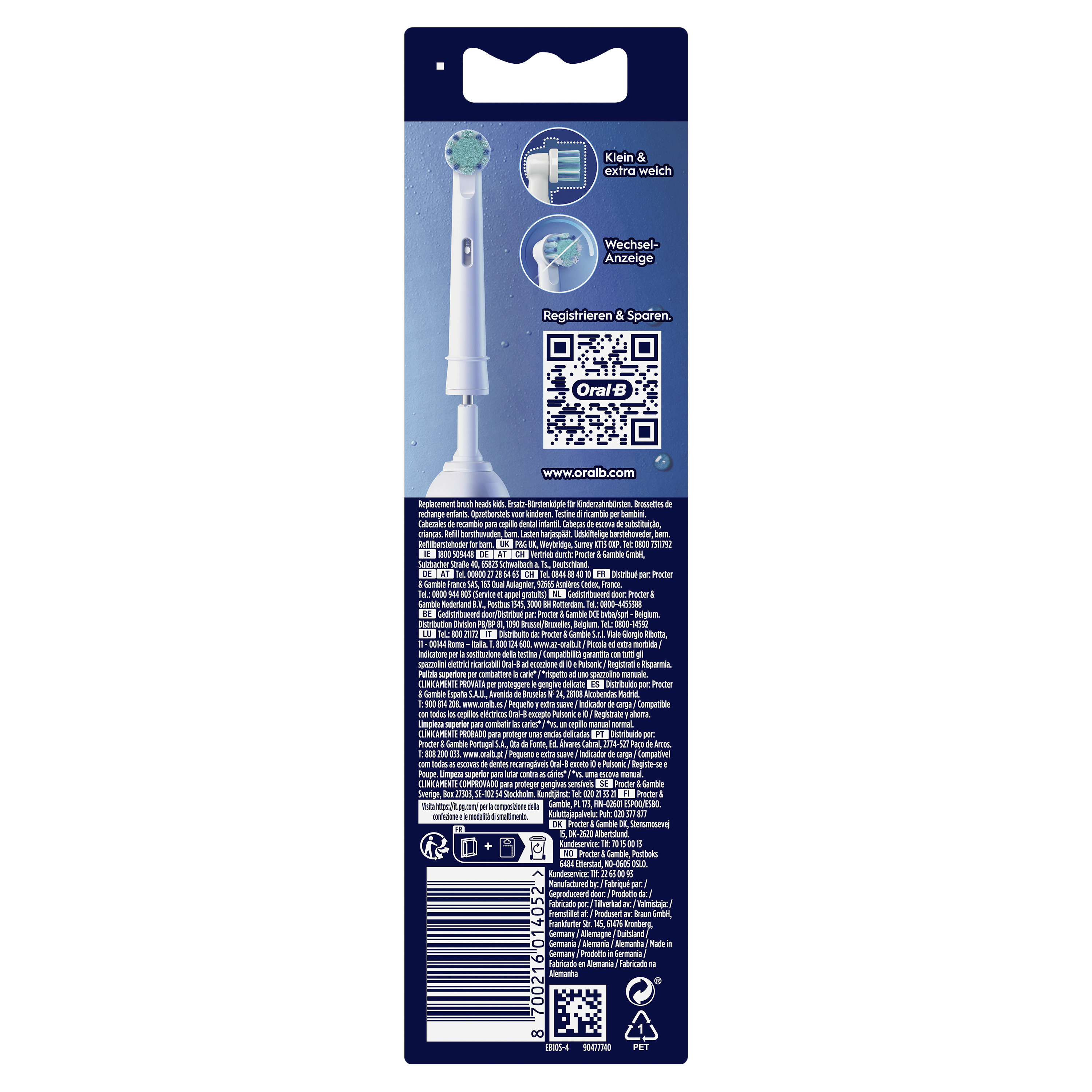 Confezione testine Oral-B. Mostra testina spazzolino e informazioni multilingue.