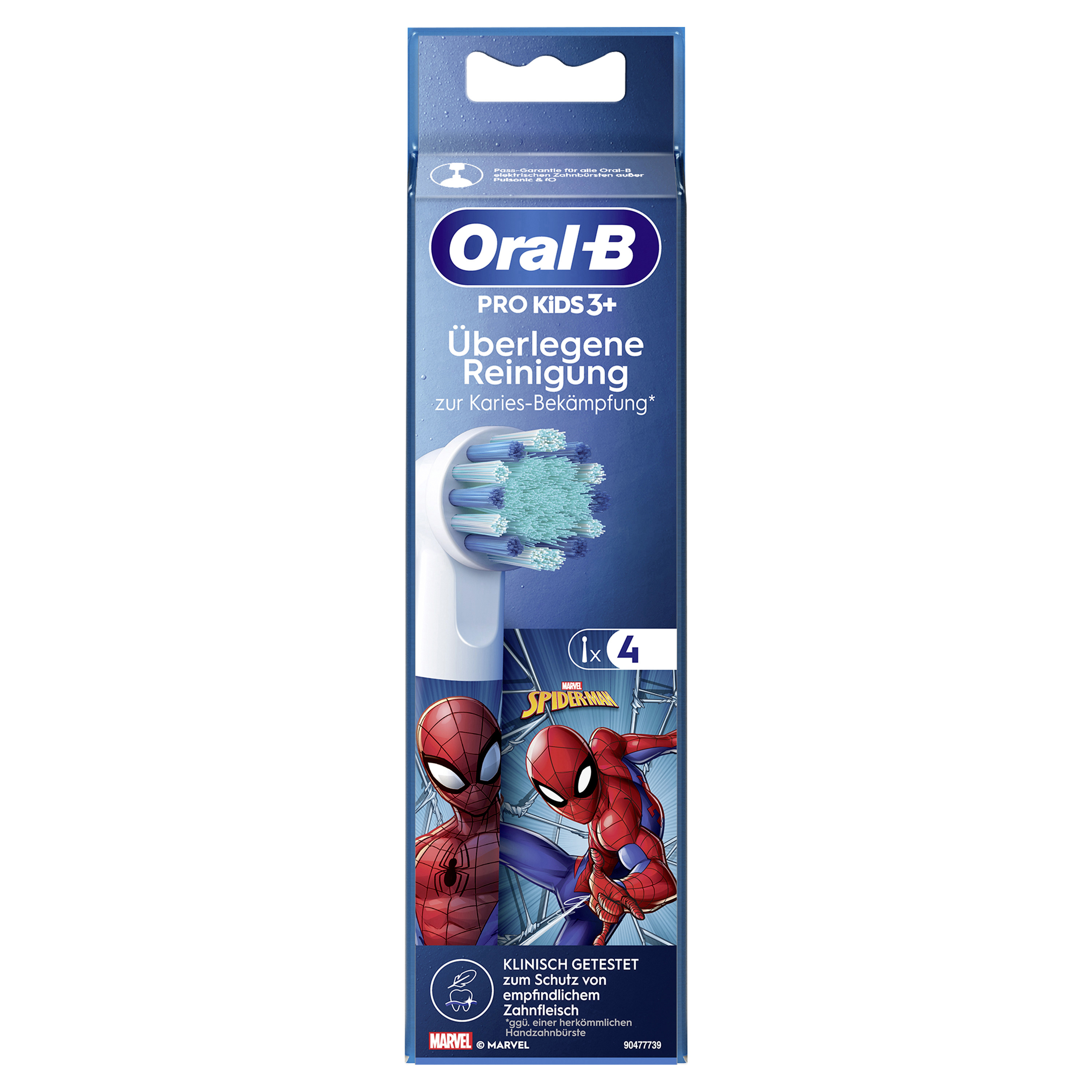 Confezione di testine per spazzolino Oral-B Pro Kids 3+ con grafica di Spider-Man. Testina bianca con setole blu.
