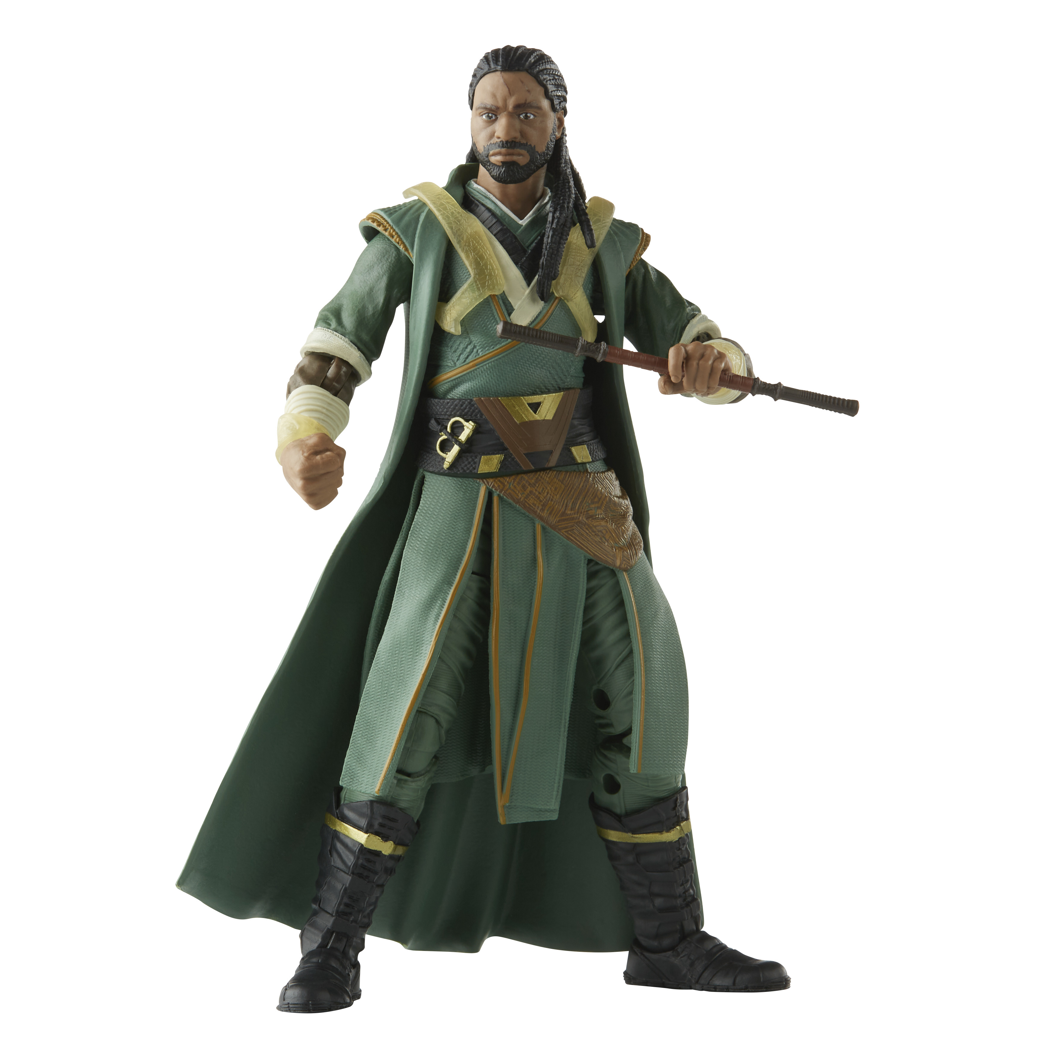 Action figure di un uomo dalla pelle scura in abito verde, con un bastone. Ha trecce, barba e si trova su sfondo bianco.