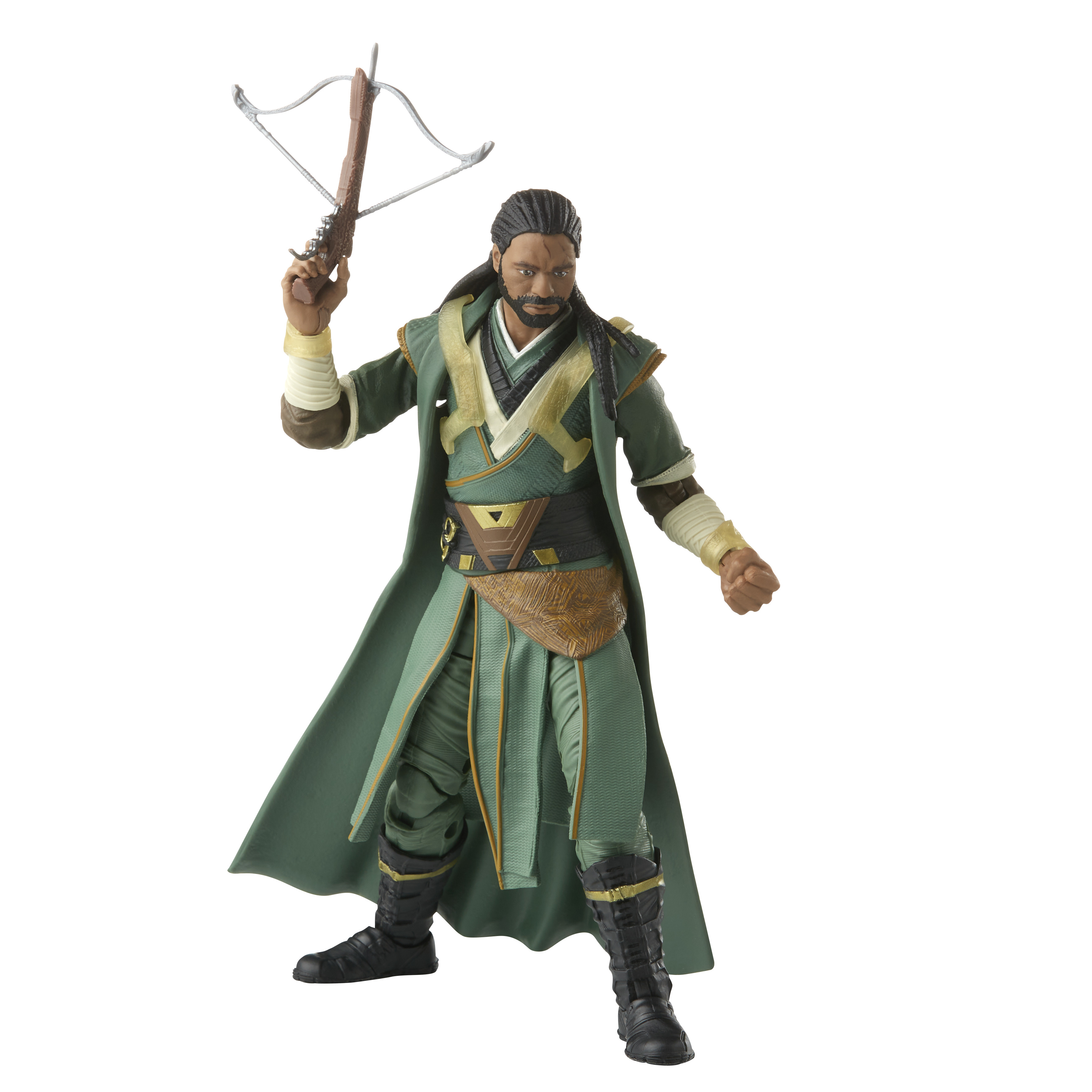 Action figure di un uomo in abito verde che tiene una balestra. Ha la pelle scura, capelli neri e barba.