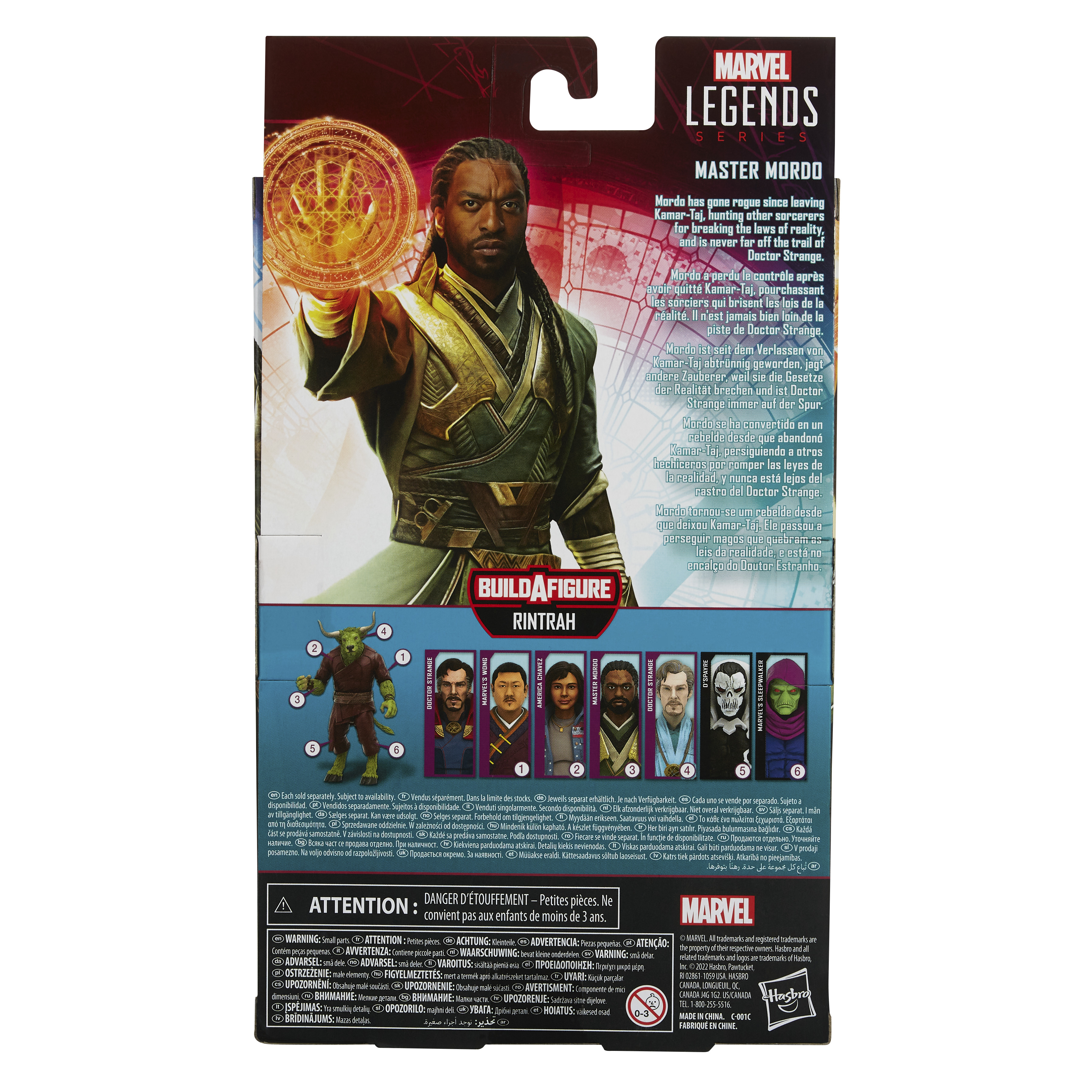 Una confezione di giocattoli mostra Master Mordo con un cerchio magico e altri personaggi Marvel.