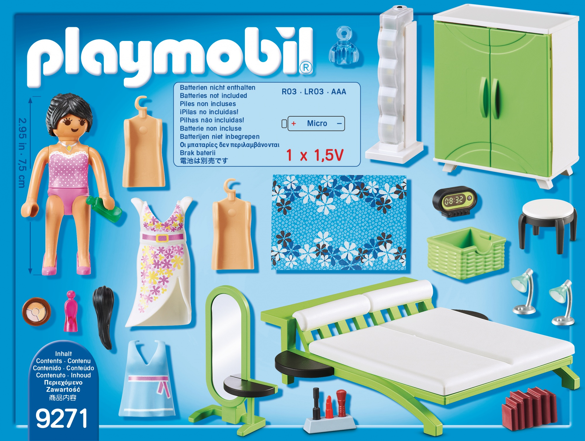 Playmobil-Set mit Puppe, Möbeln und Zubehör wie Bett, Schrank, Spiegel und Lampen. Enthält ein Batteriedetail.
