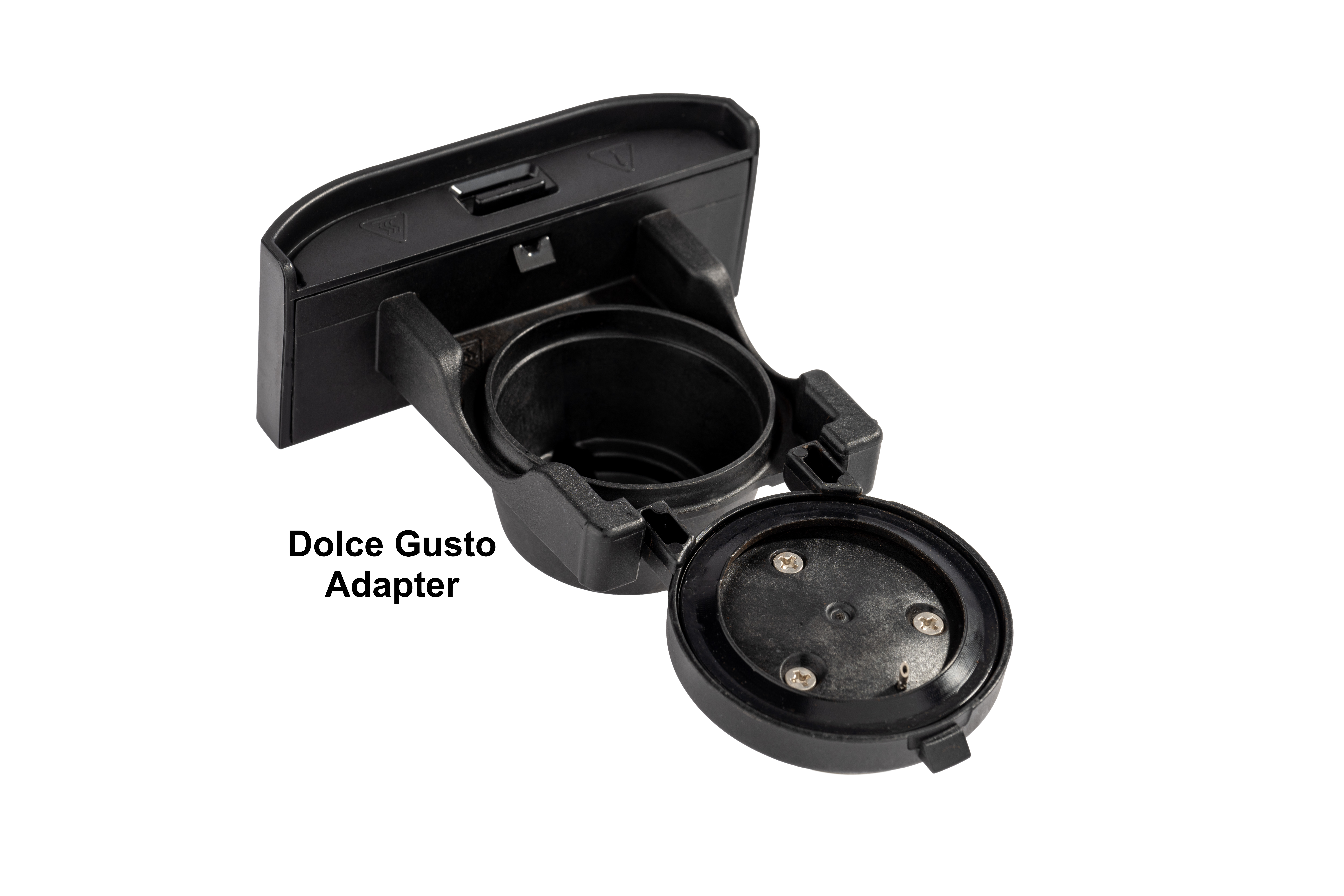 Czarny adapter Dolce Gusto. Ma otwartą pokrywę z trzema śrubami. Tło jest białe.