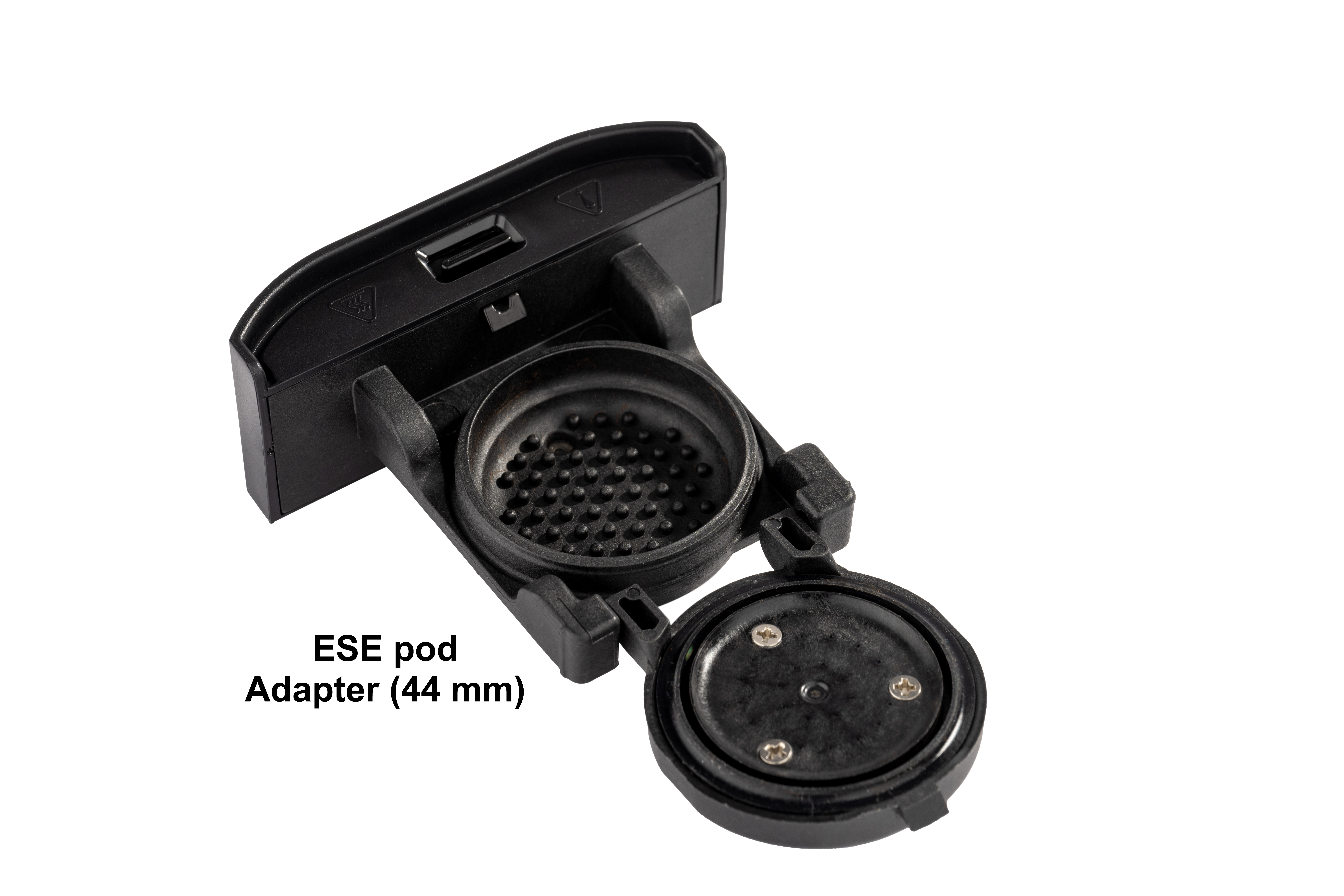 Czarny adapter do kapsułek ESE, 44 mm, otwarty. Ma okrągły uchwyt z otworami i pokrywę z trzema śrubami.