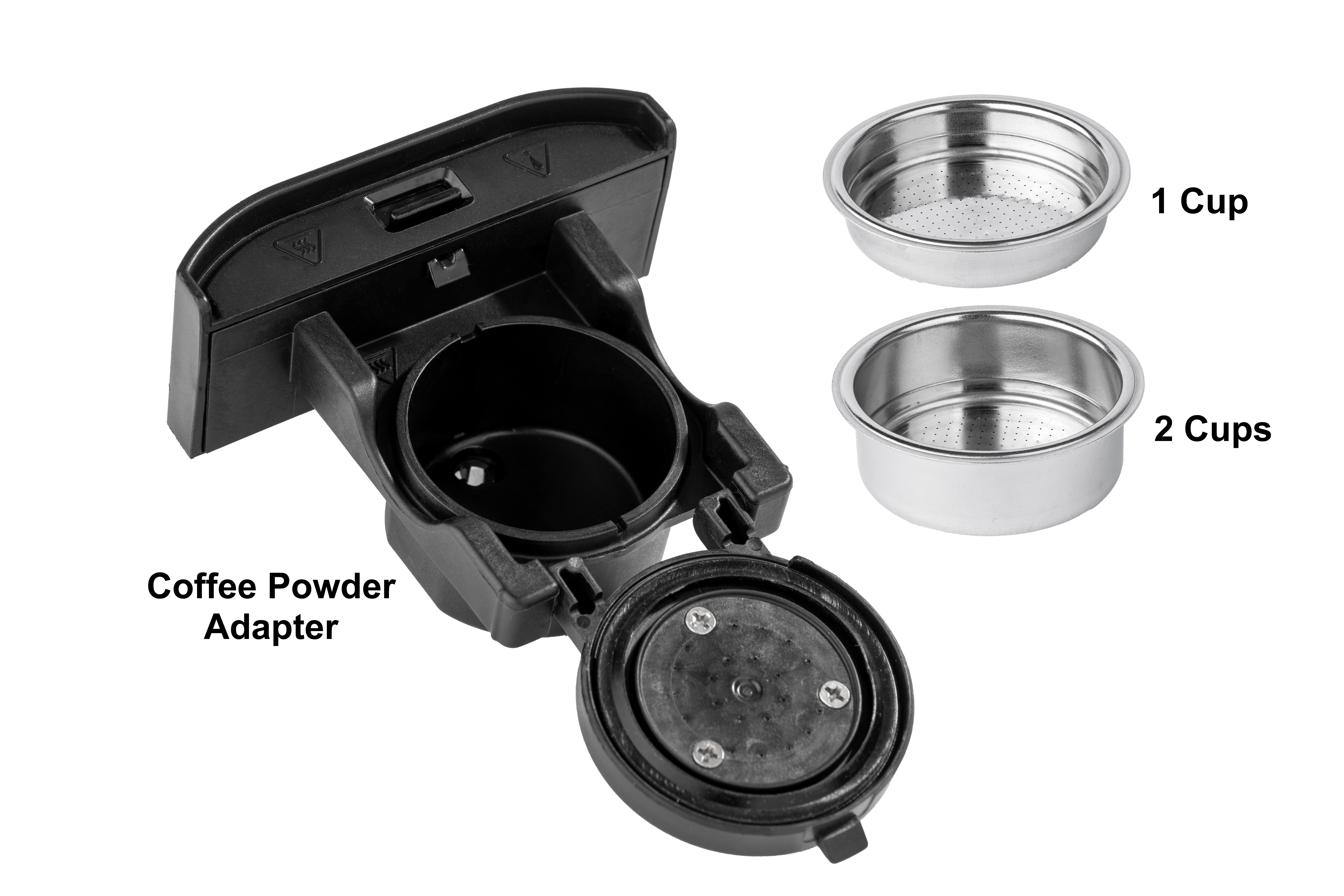 Adapter do kawy mielonej z dwoma uchwytami na kubki i dwoma srebrnymi koszami filtrującymi. Jeden oznaczony 1 filiżanka, drugi 2 filiżanki.