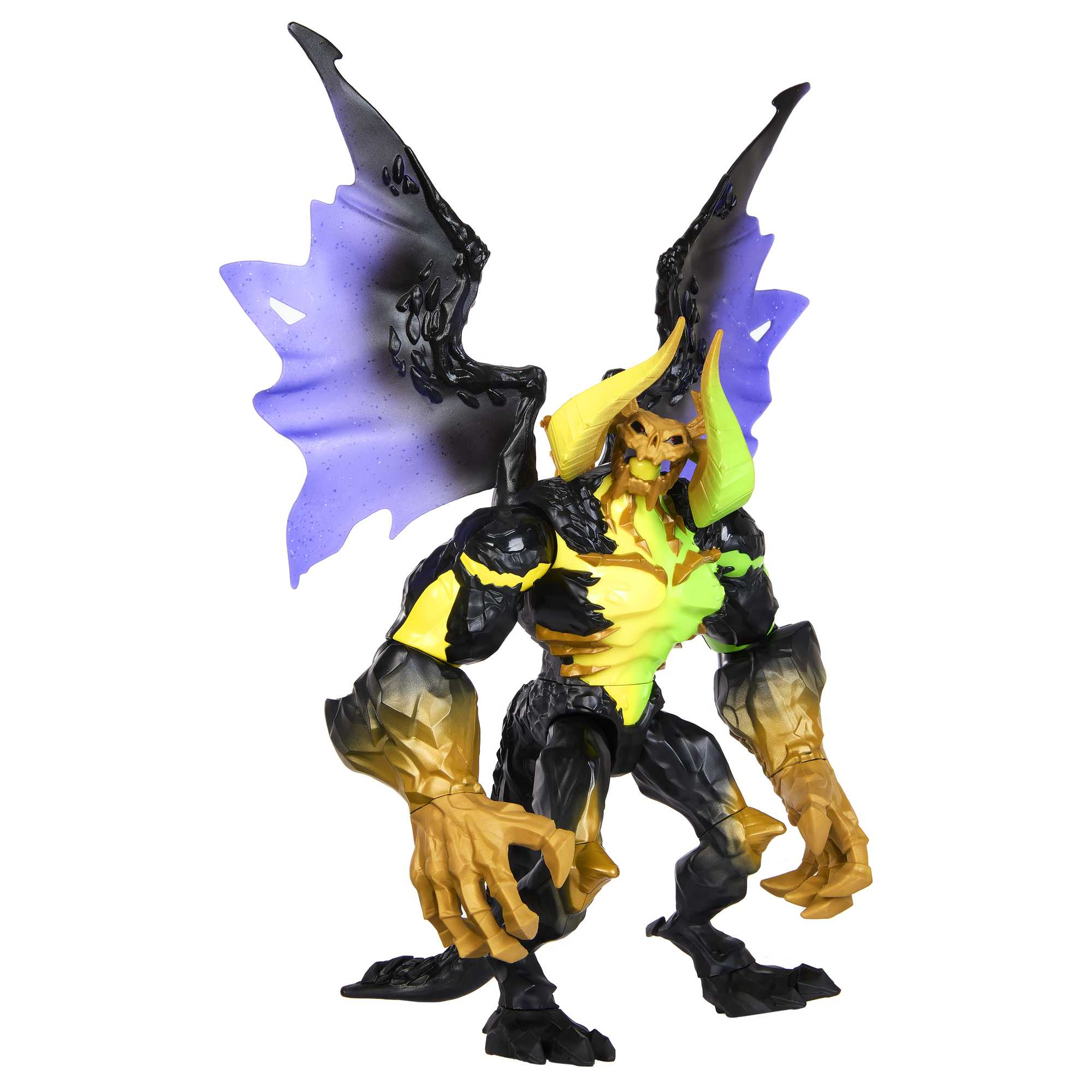 Figurka demona z skrzydłami. Ma żółtą klatkę piersiową i ramiona, czarne nogi i rogatą czaszkę. Skrzydła są czarne i fioletowe.