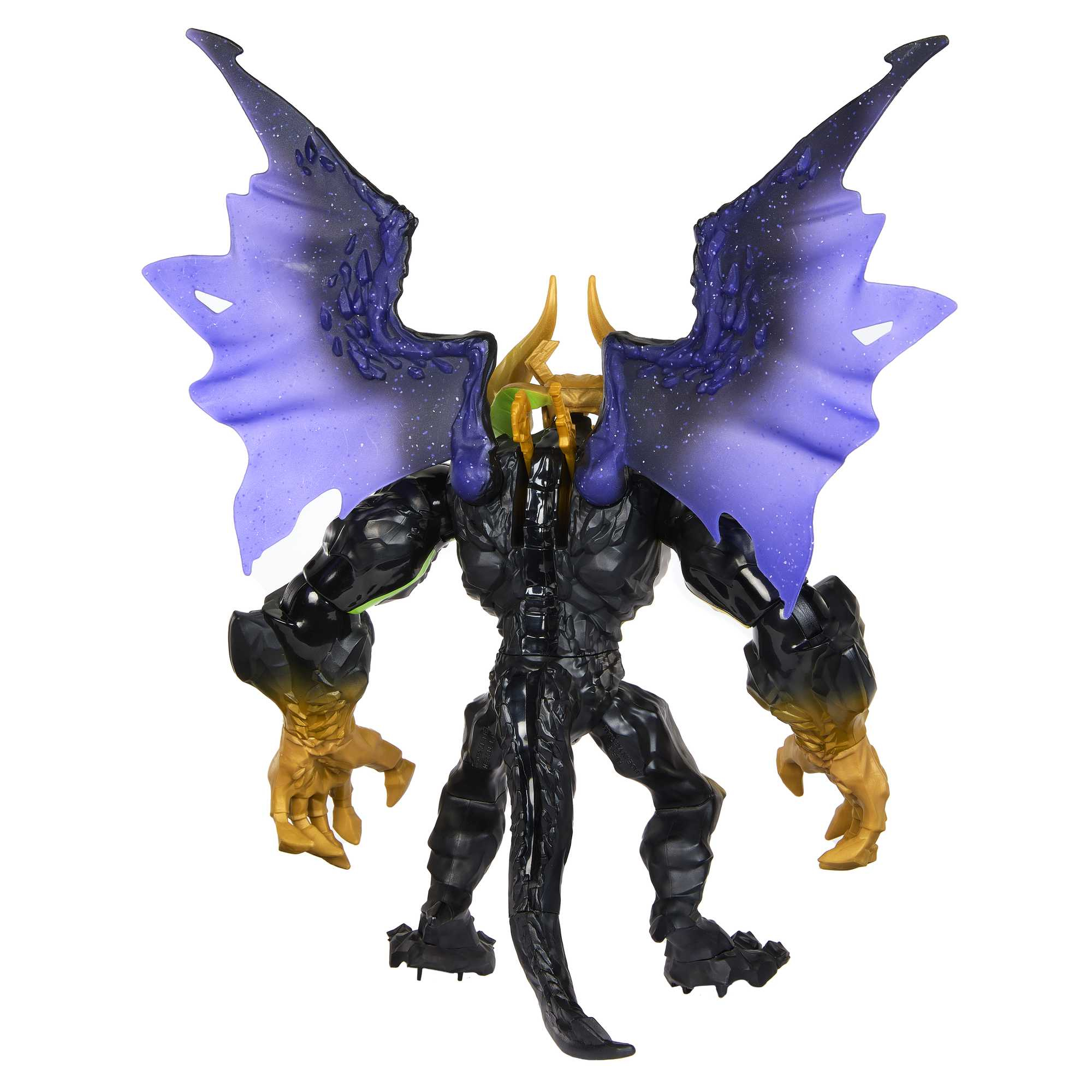 Czarna zabawka potwora z fioletowymi skrzydłami, złotymi dłońmi i rogami oraz długim ogonem na białym tle.