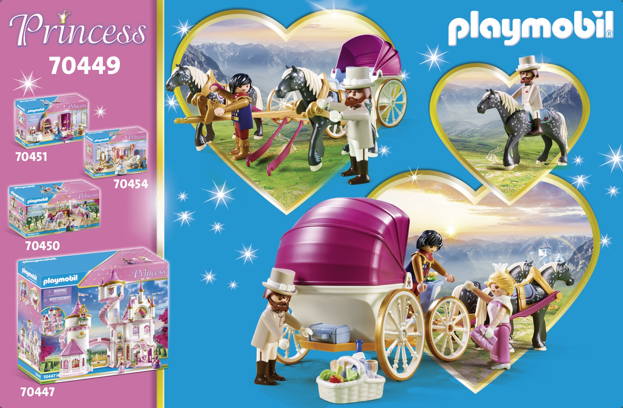 Ensemble Playmobil Princesse. Comprend une calèche avec chevaux, des figurines et un château. Boîtes d'autres ensembles de princesses incluses.