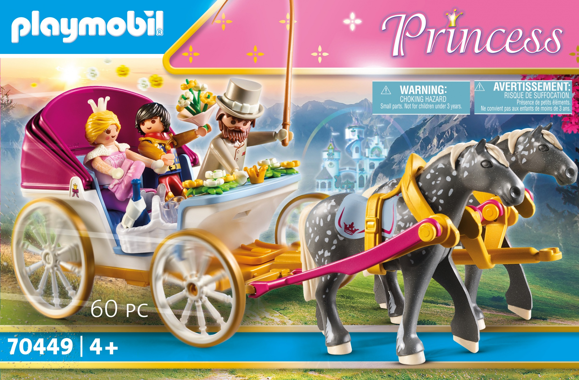 Ensemble de calèche Playmobil Princesse avec deux chevaux. Contient des figurines de princesse, prince et chauffeur. La calèche est rose et or.