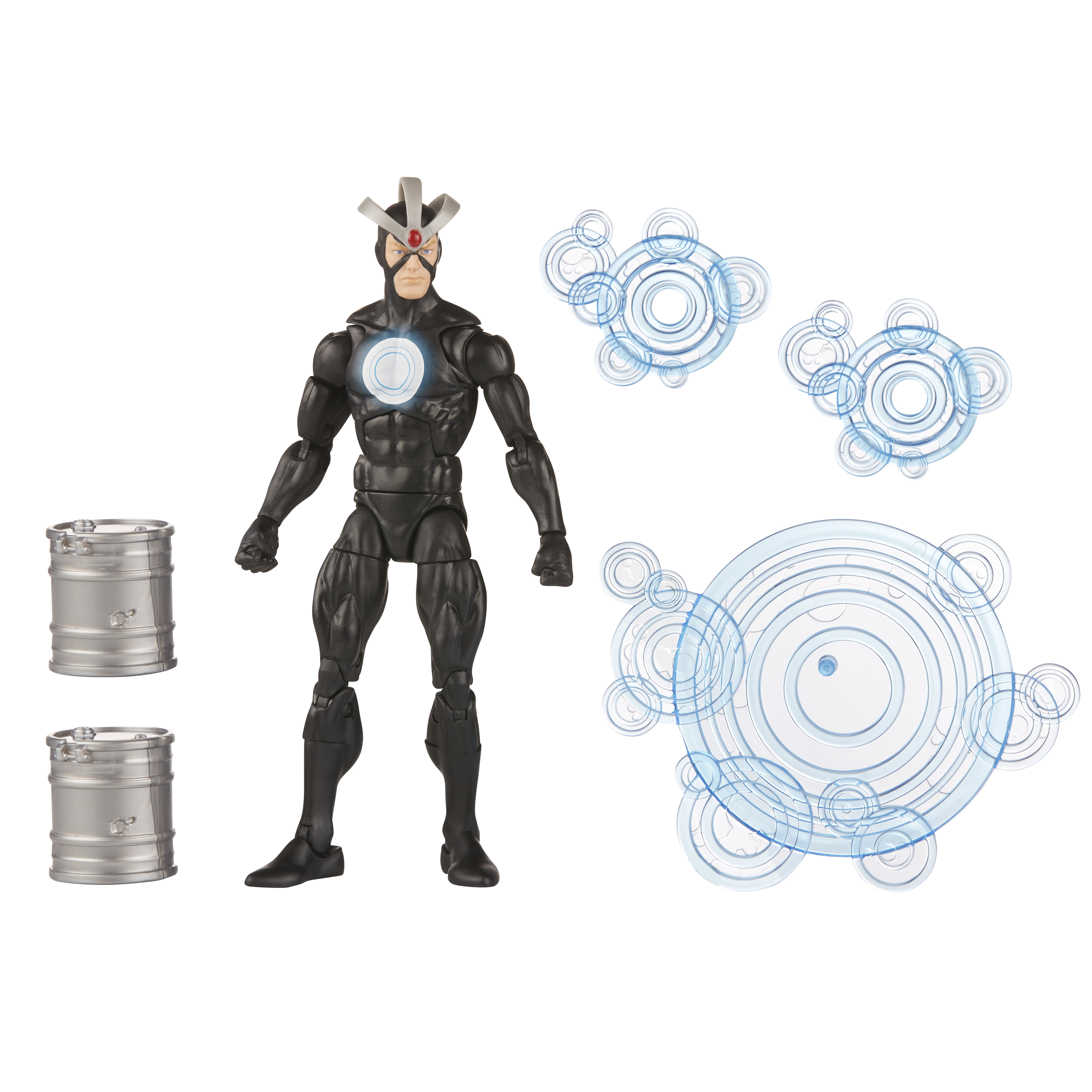 Action figure di un personaggio in tuta nera con effetti energetici e due barili di metallo su sfondo bianco.