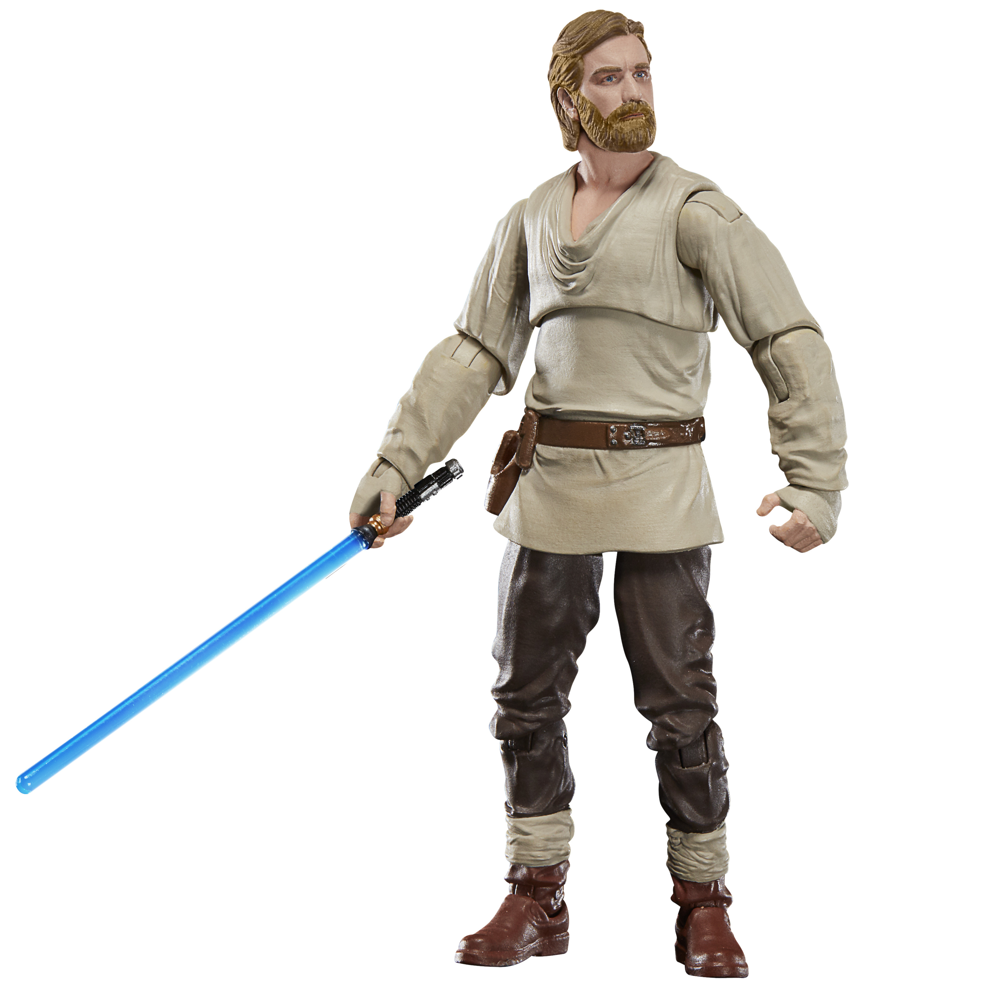 Una figura de Star Wars de Obi-Wan Kenobi. Sostiene un sable de luz azul. Viste túnicas beis y pantalones marrones.