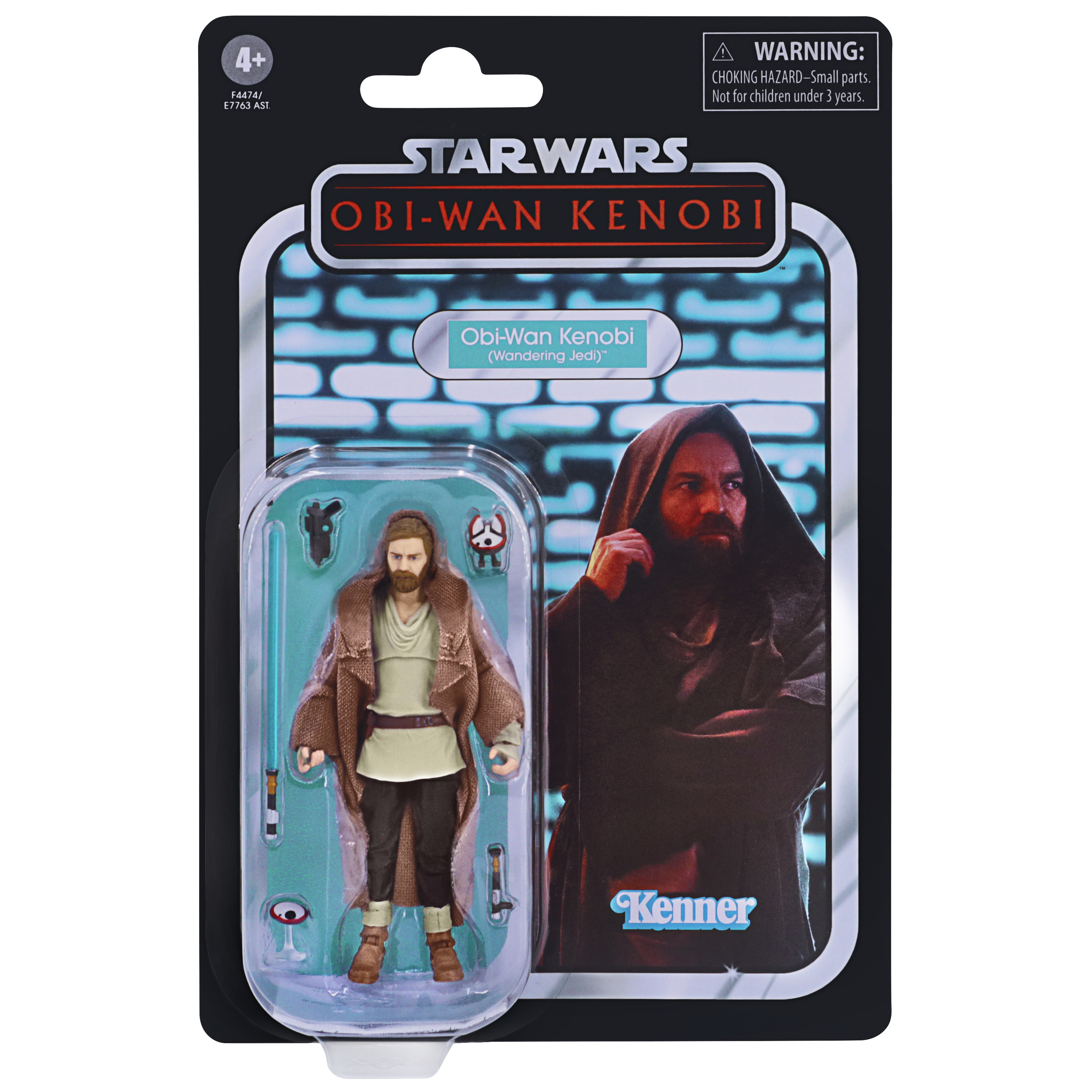 Figura de acción de Star Wars Obi-Wan Kenobi en embalaje. La figura tiene una túnica marrón y un sable láser. El paquete es negro.