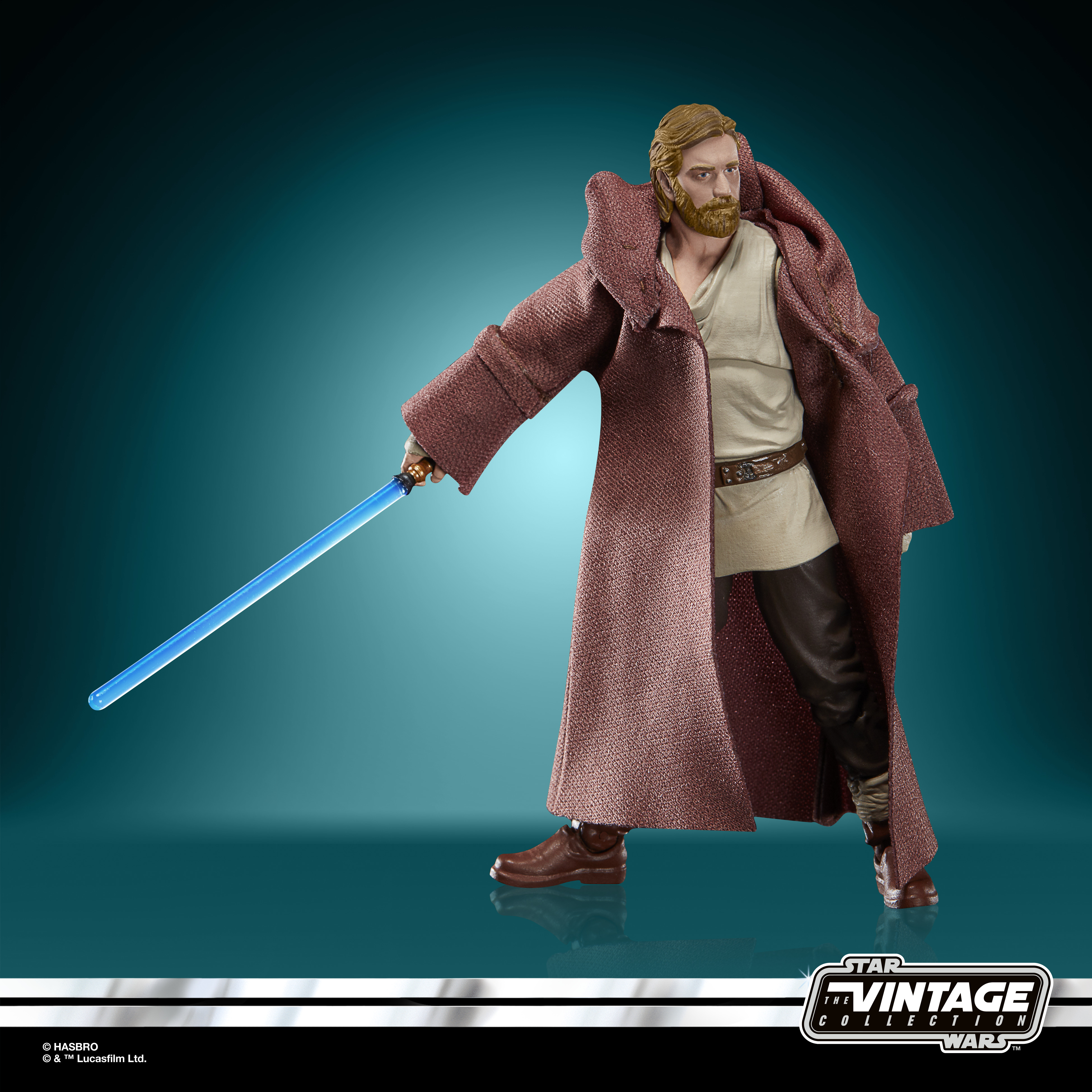 Figura de Obi-Wan Kenobi con sable de luz azul, con una túnica marrón. El fondo es verde azulado.