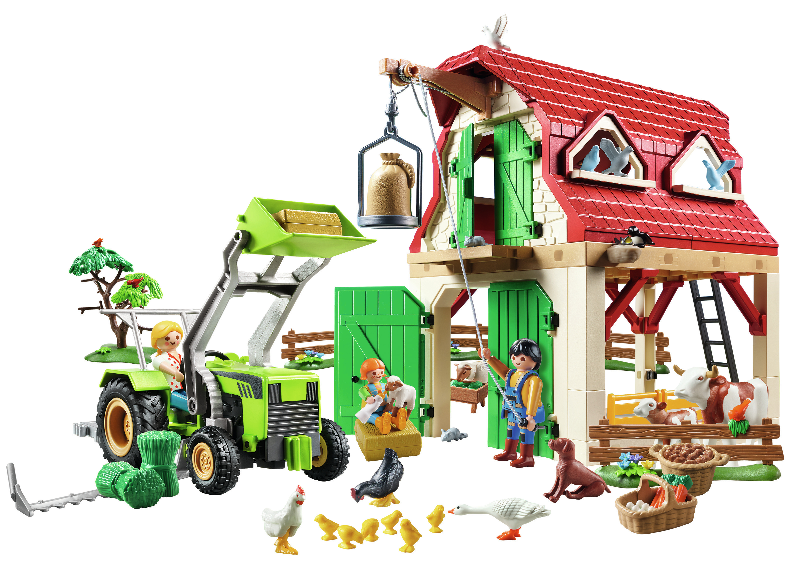 Zestaw do zabawy w gospodarstwie z traktorem, stodołą, zwierzętami i figurkami. Zawiera krowę, psa, kurczaki i rolnika.