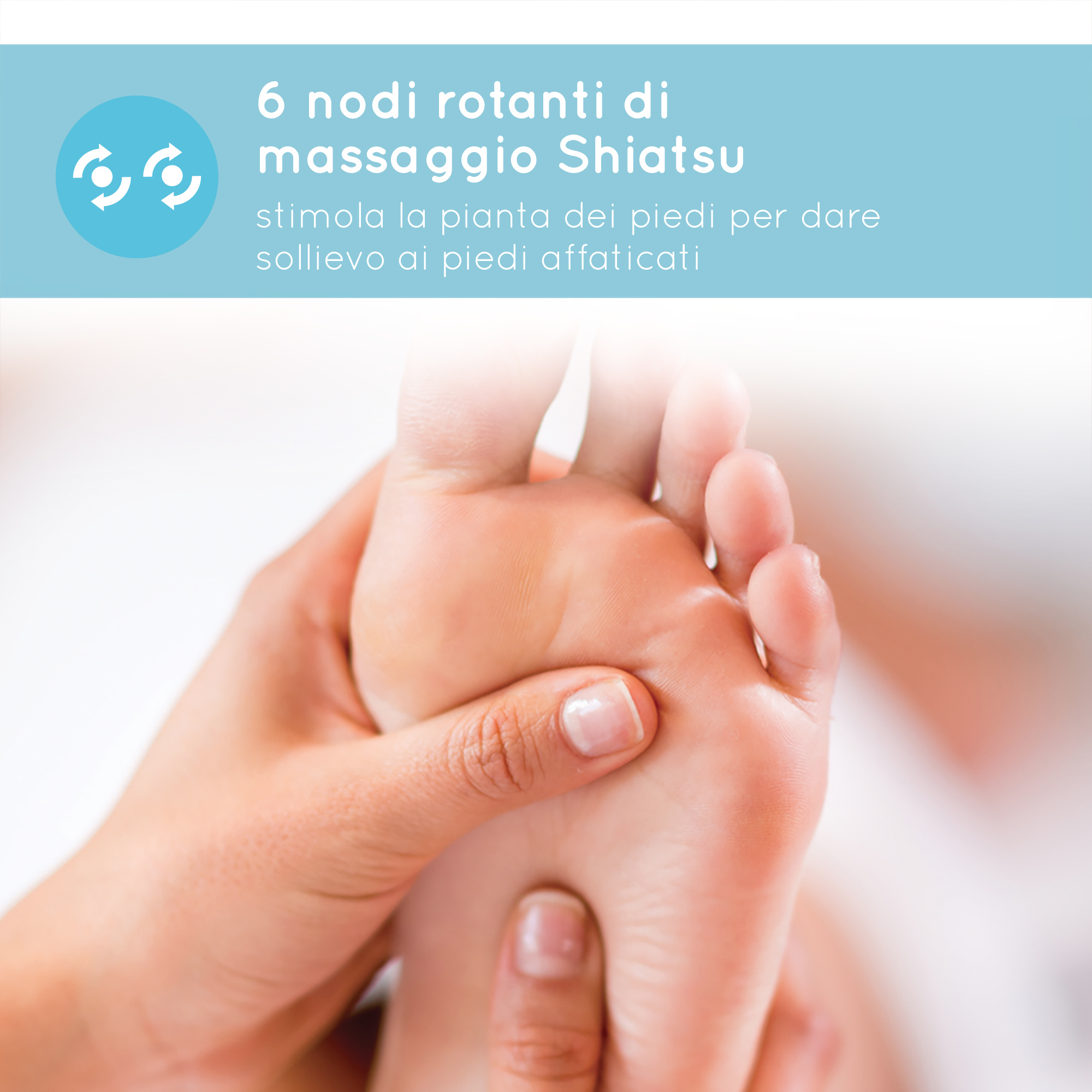 Una mano masajea un pie. El texto en italiano dice que es un masaje de pies Shiatsu para aliviar los pies cansados.
