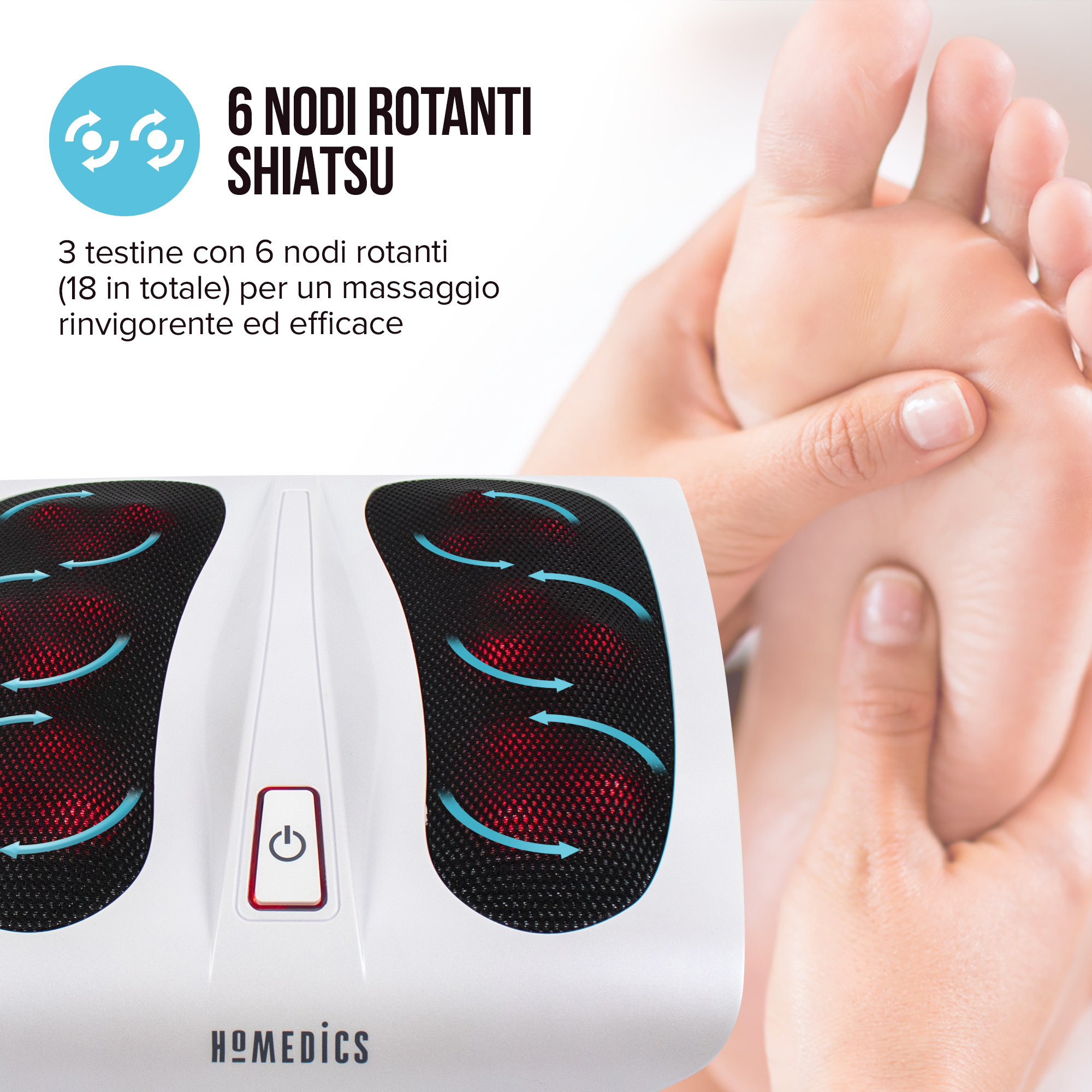 Un masajeador de pies con un pie siendo masajeado. El texto dice 6 nodos shiatsu giratorios para un masaje vigorizante.