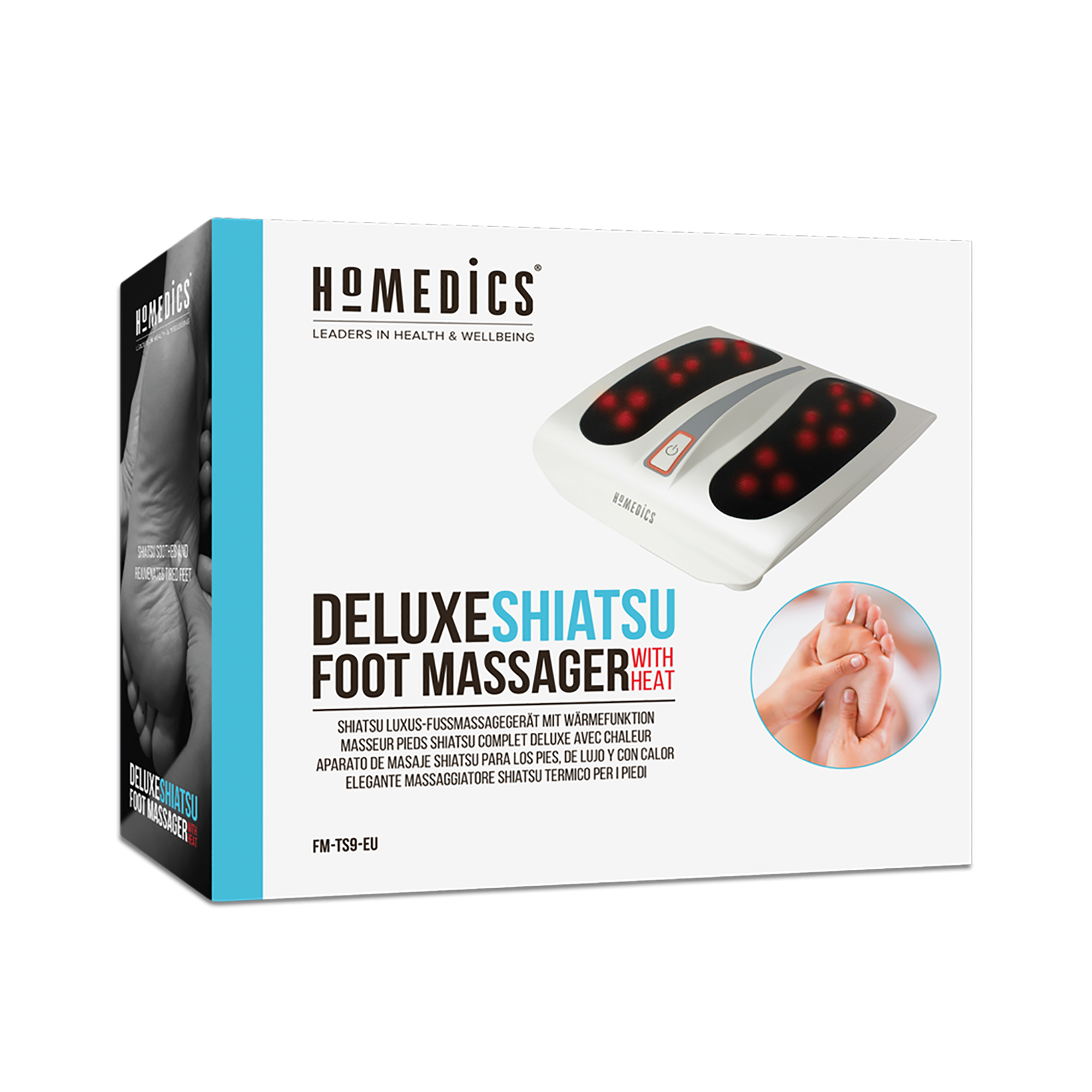 Una caja de masajeador de pies Homedics Deluxe Shiatsu. Tiene una imagen de un masajeador de pies y un pie siendo masajeado.