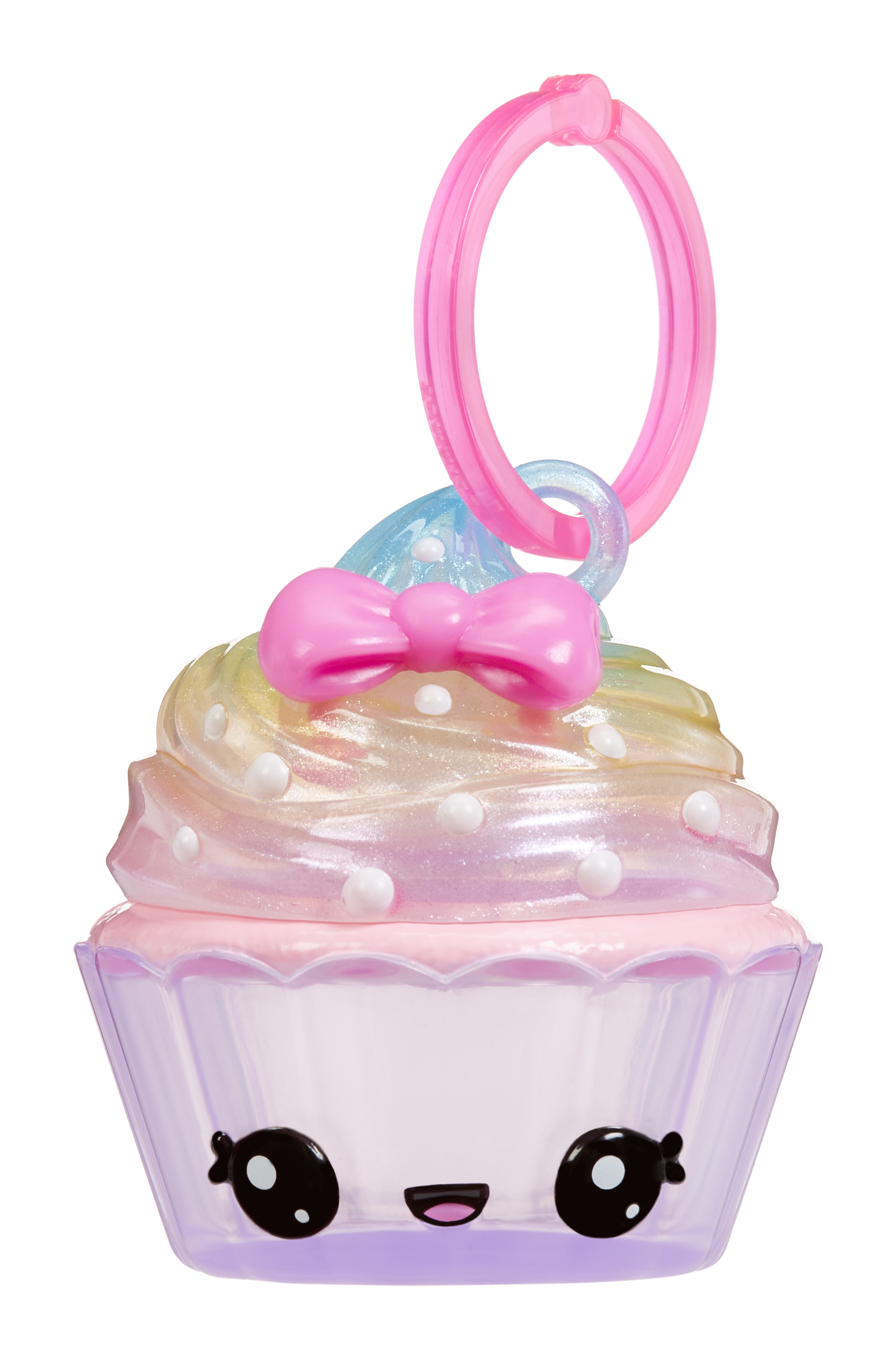 Zabawkowa babeczka z różową kokardą, różową rączką i uśmiechniętą buzią. Lukier jest opalizujący.