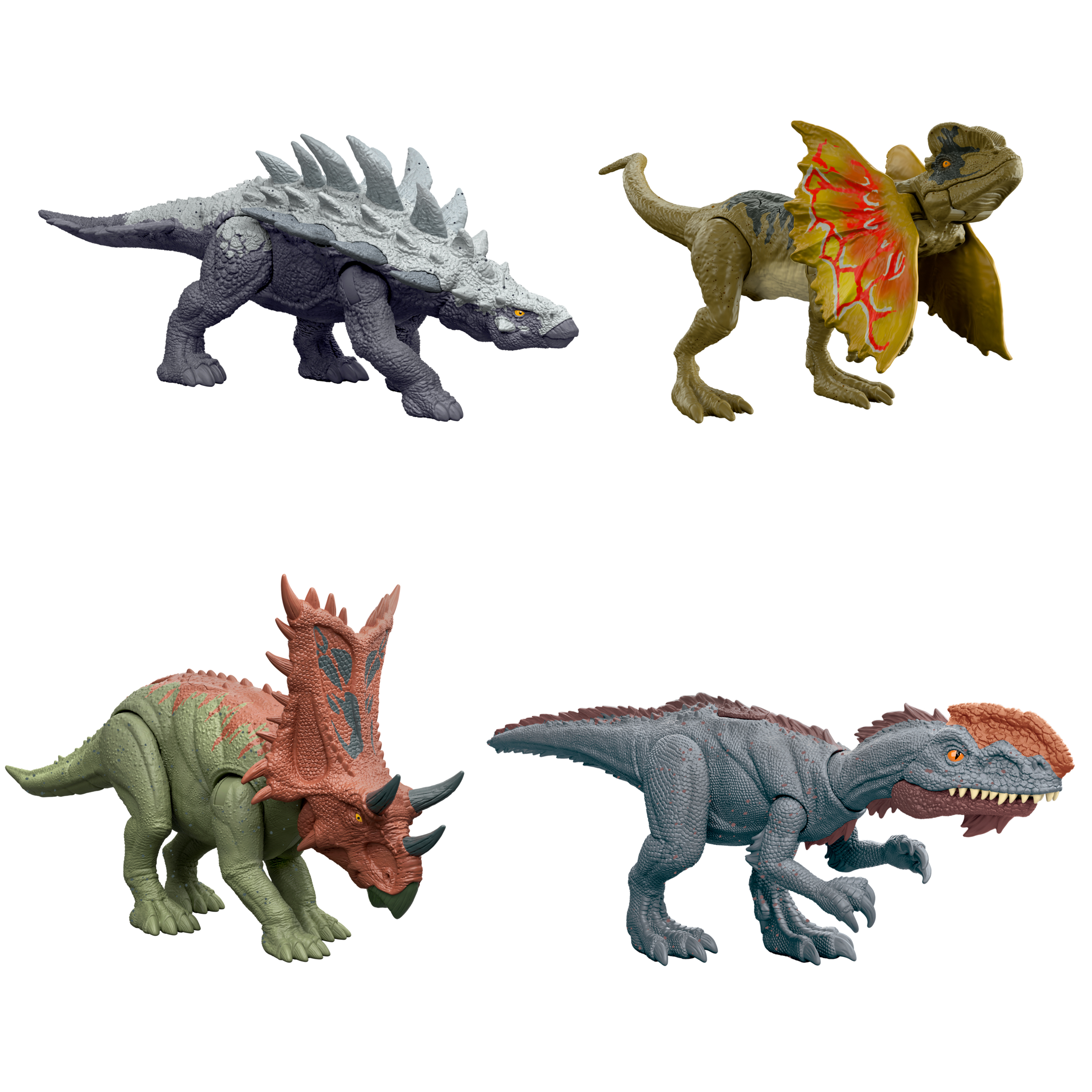 Cuatro dinosaurios de juguete: anquilosaurio, dilofosaurio, triceratops y un terópodo. Todos sobre fondo blanco.