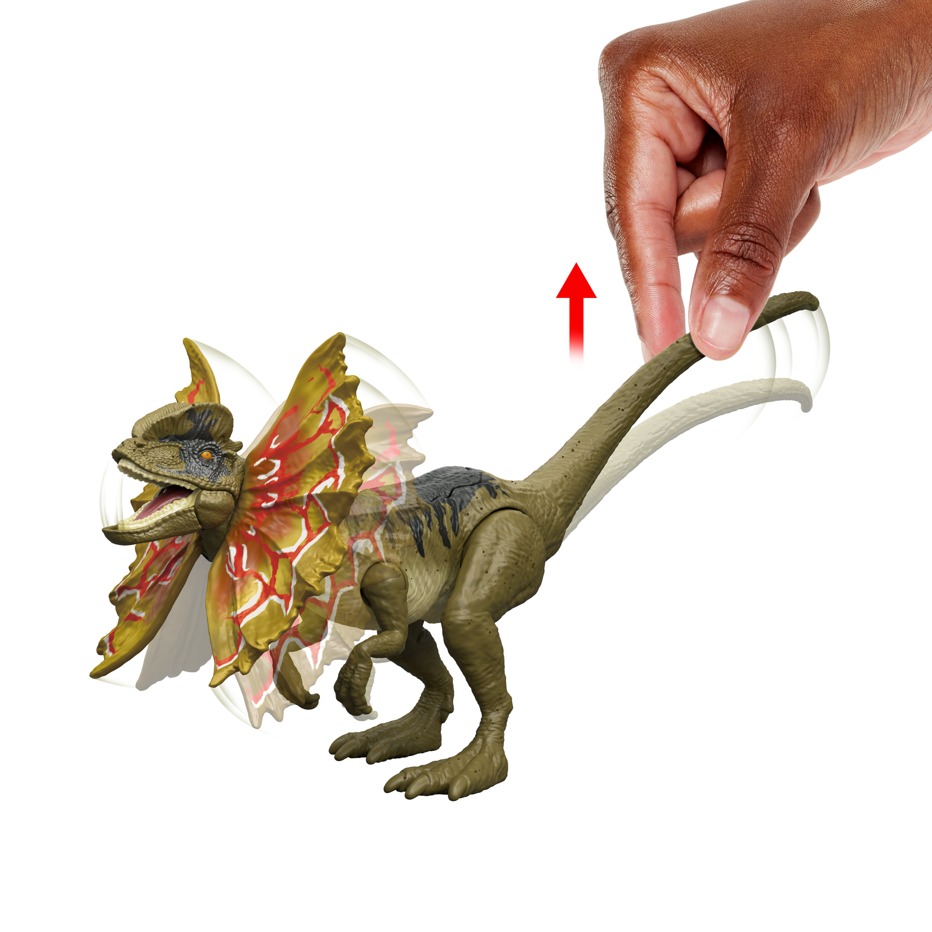 Un dinosaurio de juguete es movido por una mano. El dinosaurio tiene un volante y está sobre un fondo blanco.