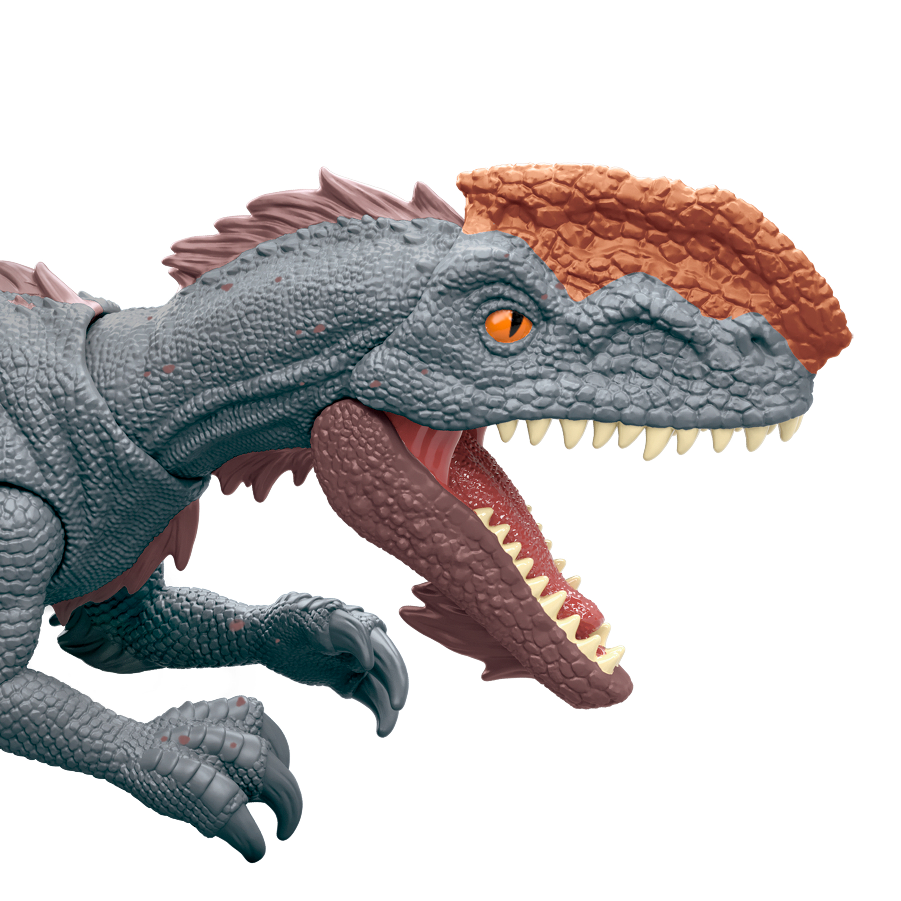 Un juguete de dinosaurio gris con un ojo naranja y la boca abierta mostrando los dientes. Tiene un volante marrón y una lengua roja.