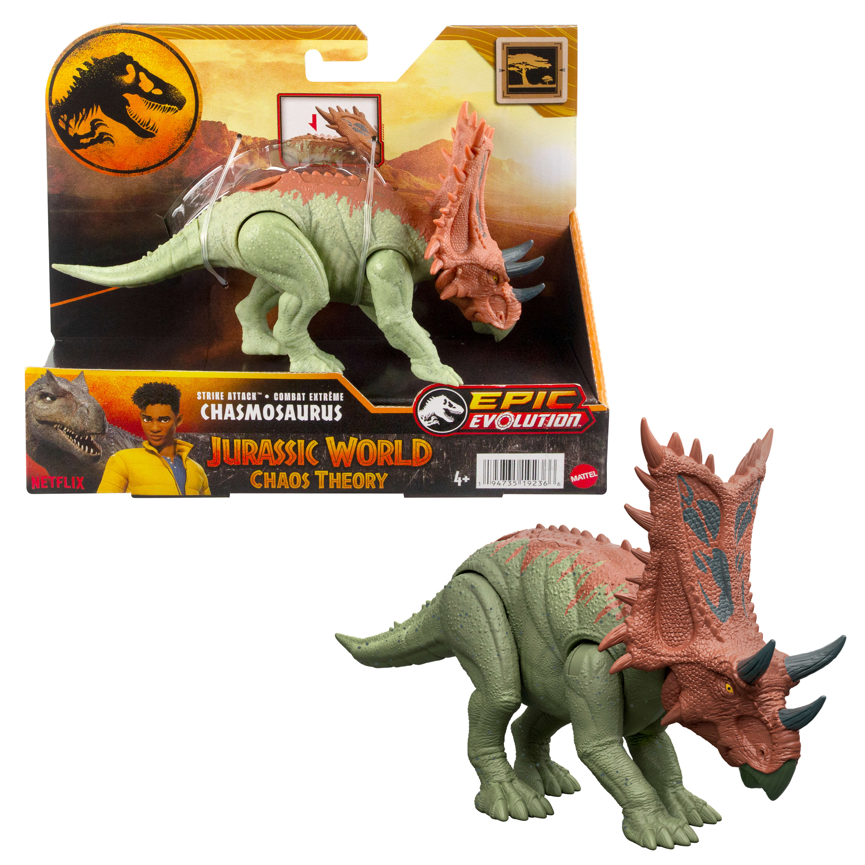 Un juguete de Jurassic World, un dinosaurio Chasmosaurs en su embalaje. Es verde y marrón. El embalaje tiene logotipos y texto.