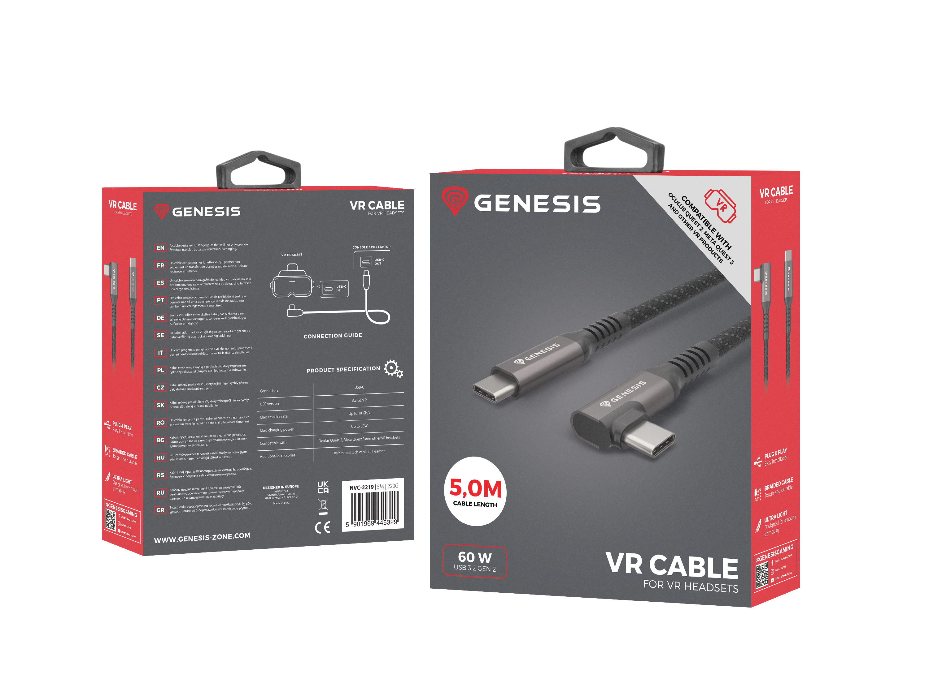 Een VR-kabeldoos met Genesis-logo, kabelafbeelding en productdetails.