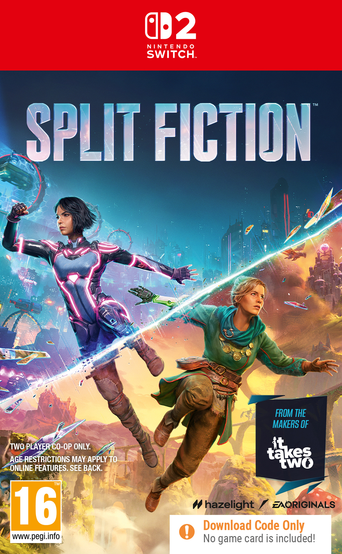 Okładka gry. Dwie postacie w futurystycznych strojach, podzielone przez wiązkę. Tytuł 'Split Fiction'. Logo Nintendo Switch. PEGI 16.