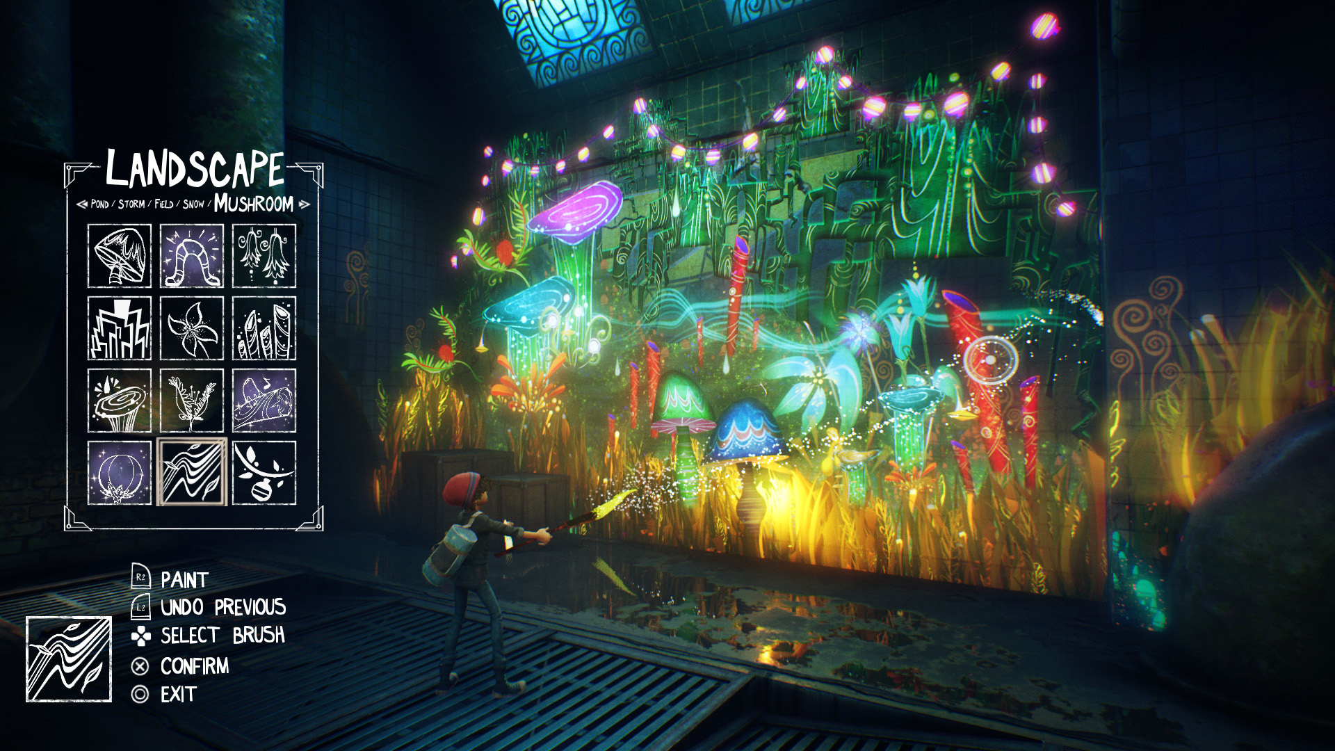 Una persona dipinge un muro con funghi e piante luminose. Un'interfaccia di gioco è a sinistra. La scena è in una stanza buia.