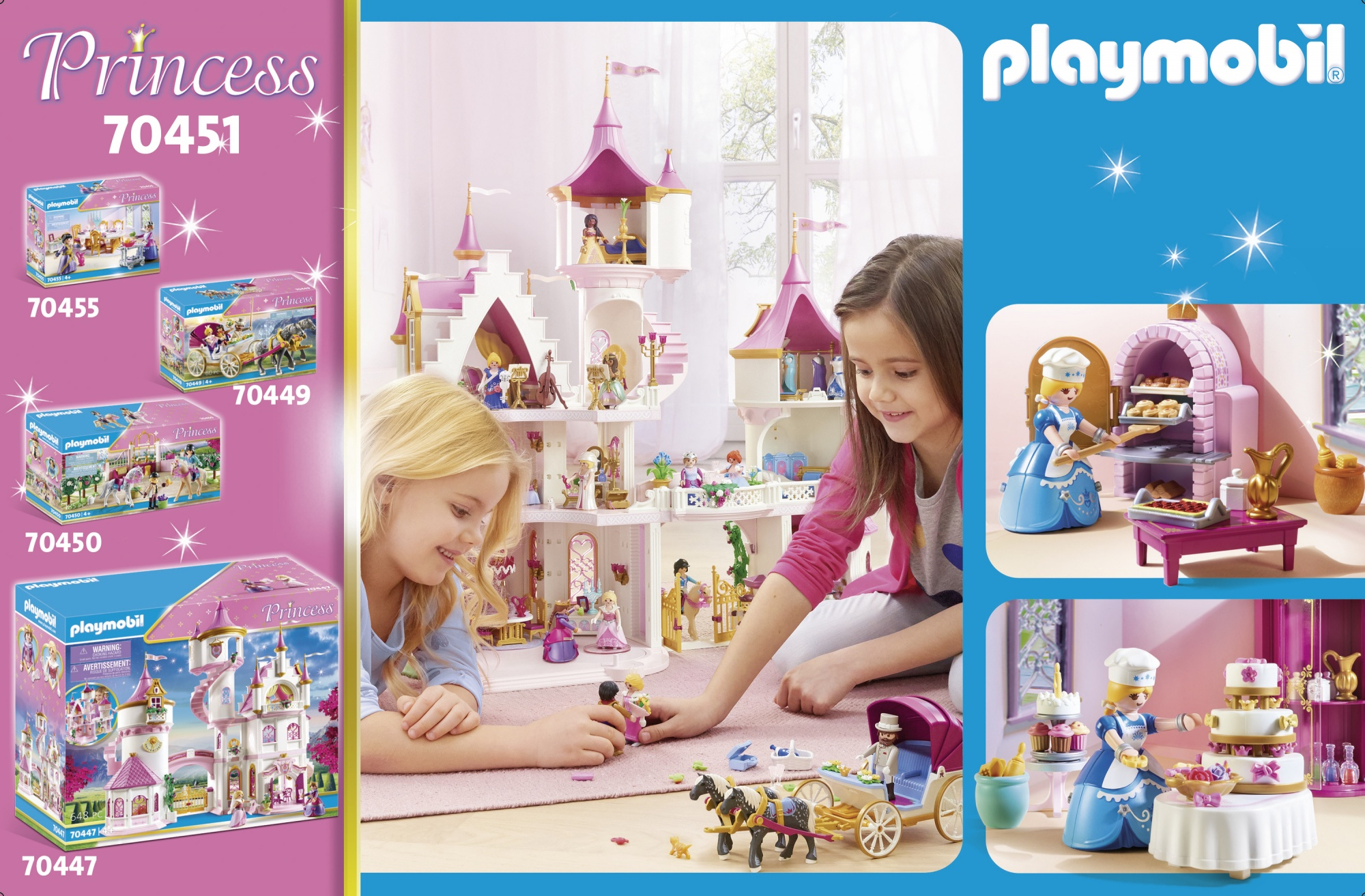 Dos niñas juegan con juguetes de princesas Playmobil, un castillo y un carruaje. Cajas de juguetes en el fondo. Una mujer hornea.
