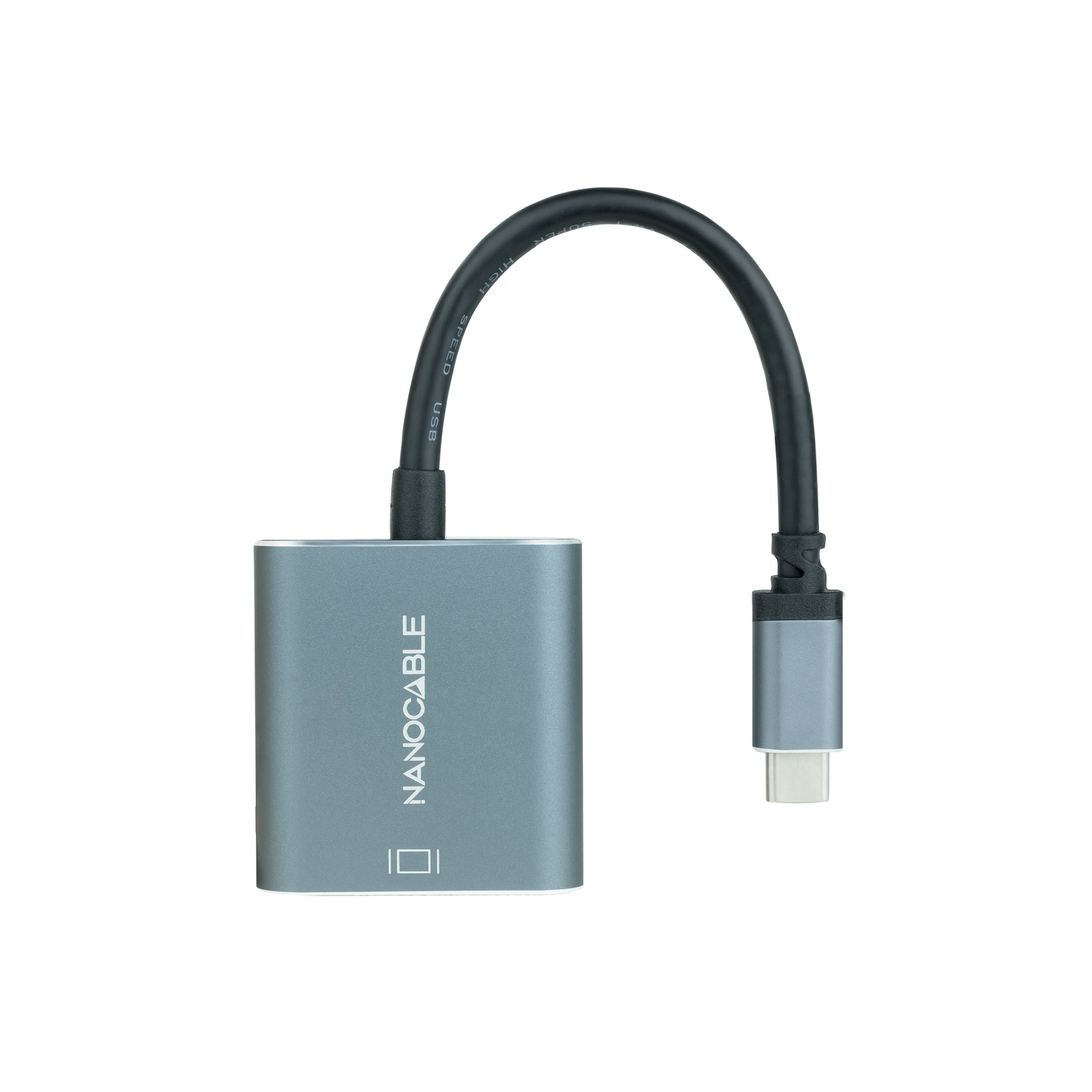 Ein grauer Nanocable-Adapter mit einem USB-C-Anschluss und einem schwarzen, gebogenen USB-Kabel. Der Hintergrund ist weiß.