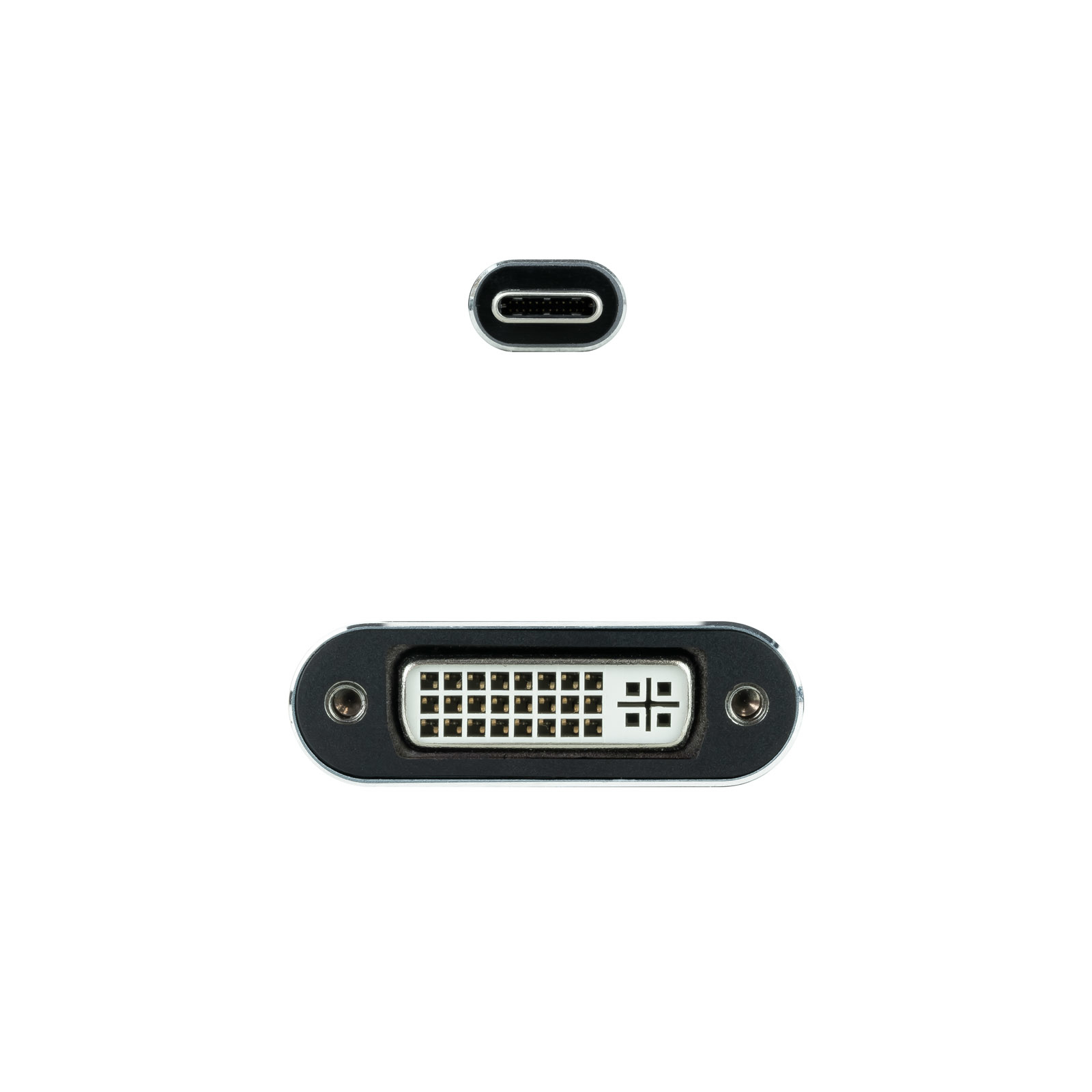 Draufsicht auf zwei Anschlüsse: USB-C und DVI. Beide sind schwarz, das DVI unter dem USB-C auf weißem Hintergrund.