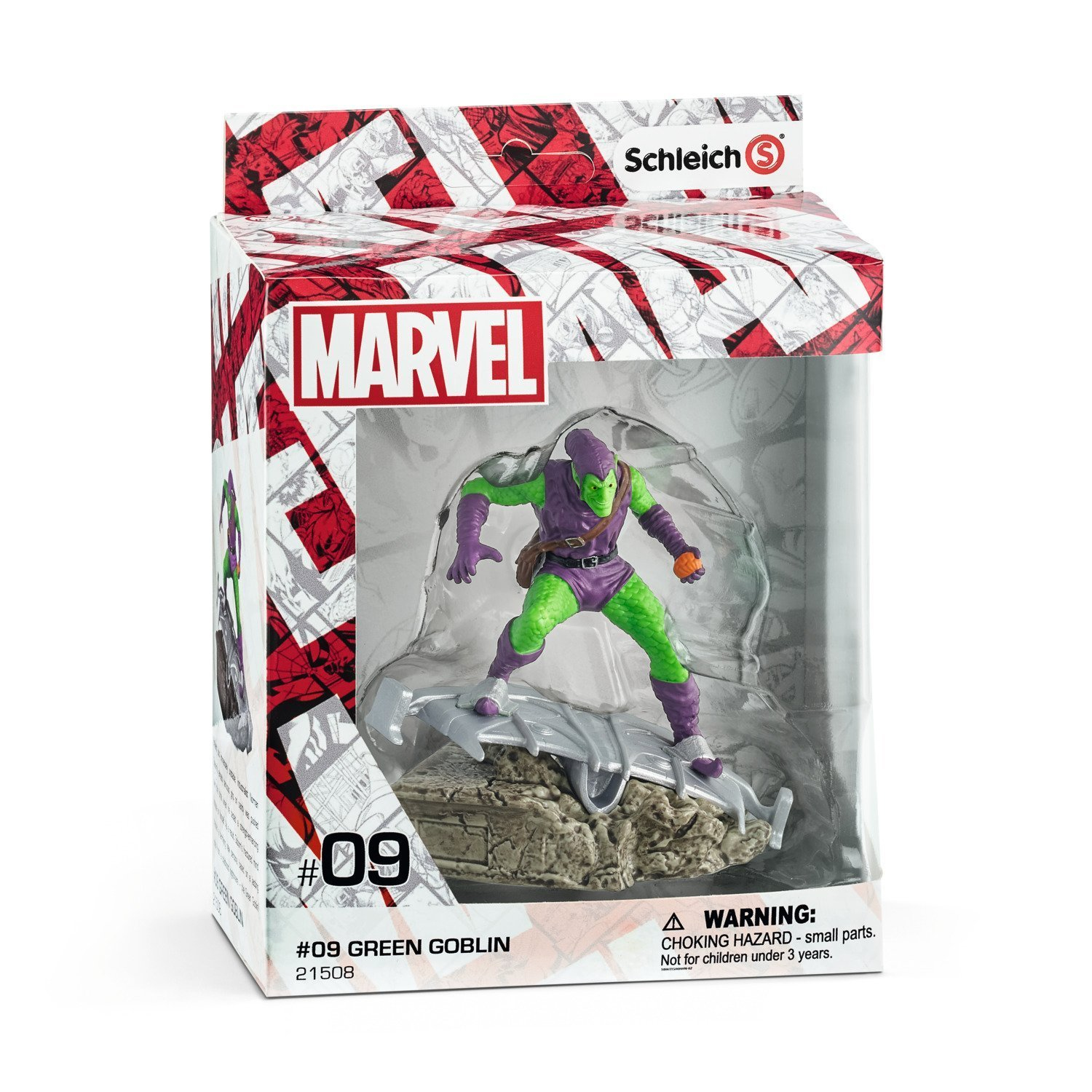 Un personaggio d'azione di Green Goblin in una scatola Marvel. Il personaggio è verde e viola, che cavalca un aliante d'argento. La scatola ha i loghi Marvel e Schleich.