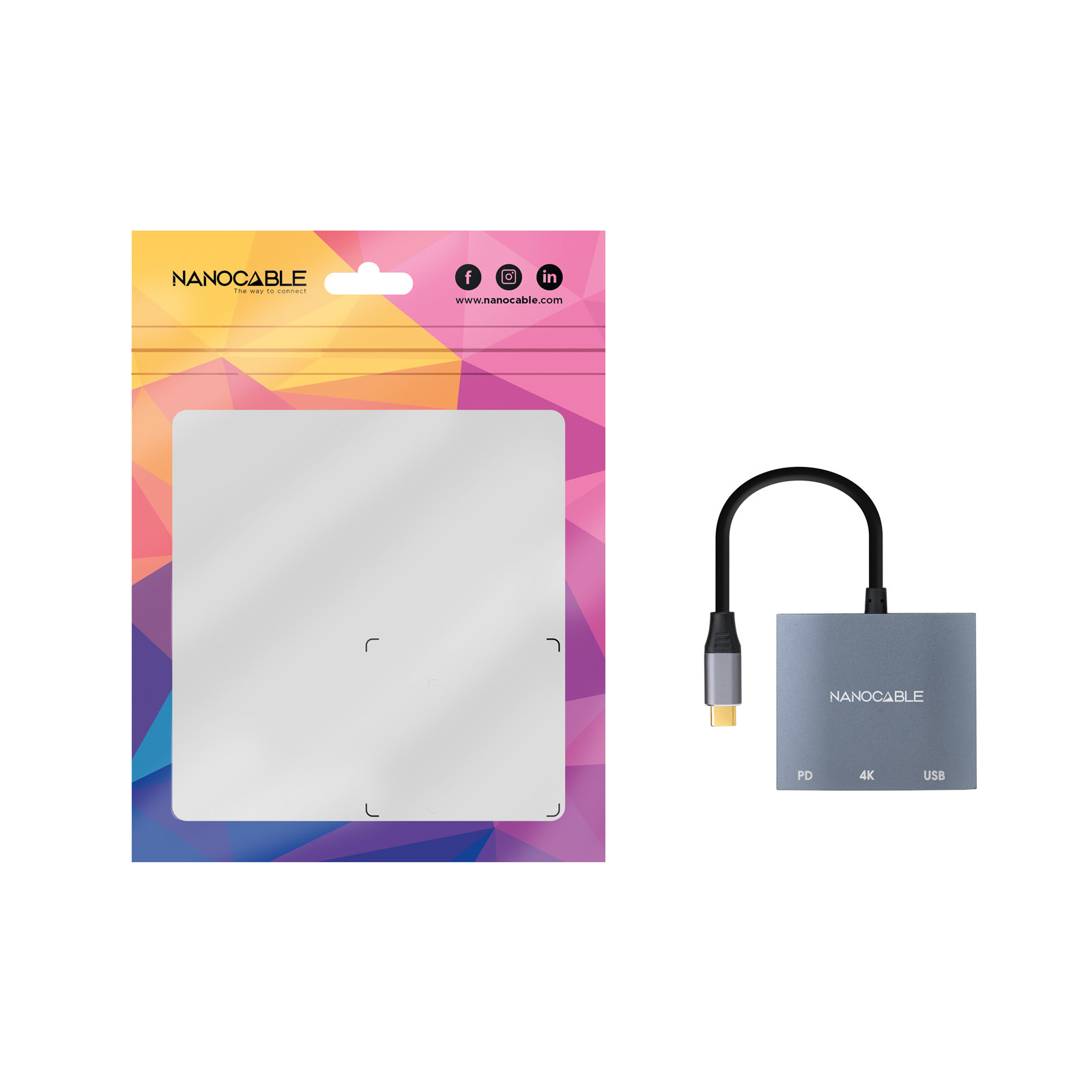 Eine Nanocable-Produktverpackung und ein grauer USB-C-Hub-Adapter. Die Verpackung ist weiß und pink. Der Adapter hat PD, 4K und USB.