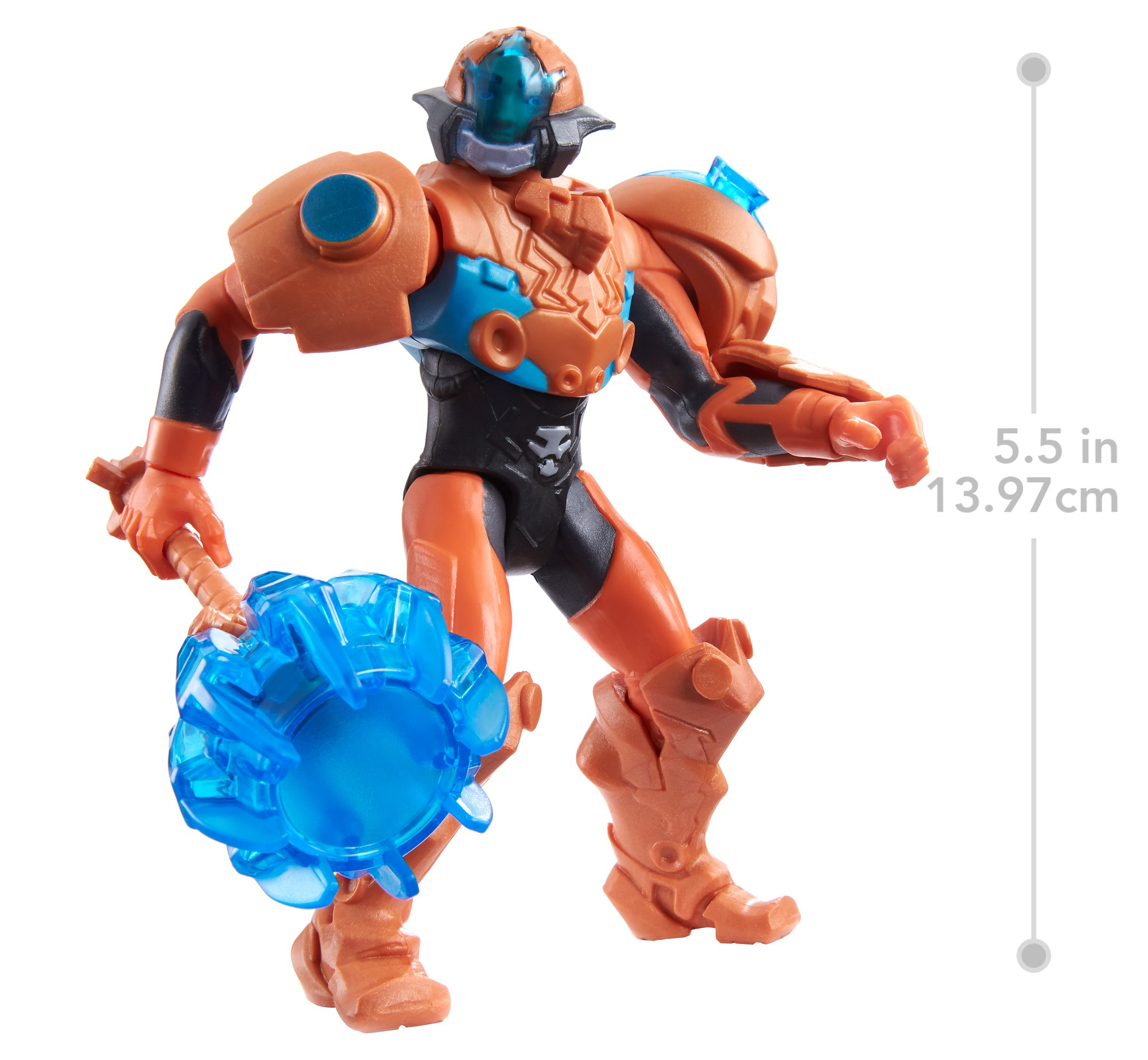 Action figure di un guerriero con armatura arancione, dettagli blu e arma energetica blu. Sfondo bianco.
