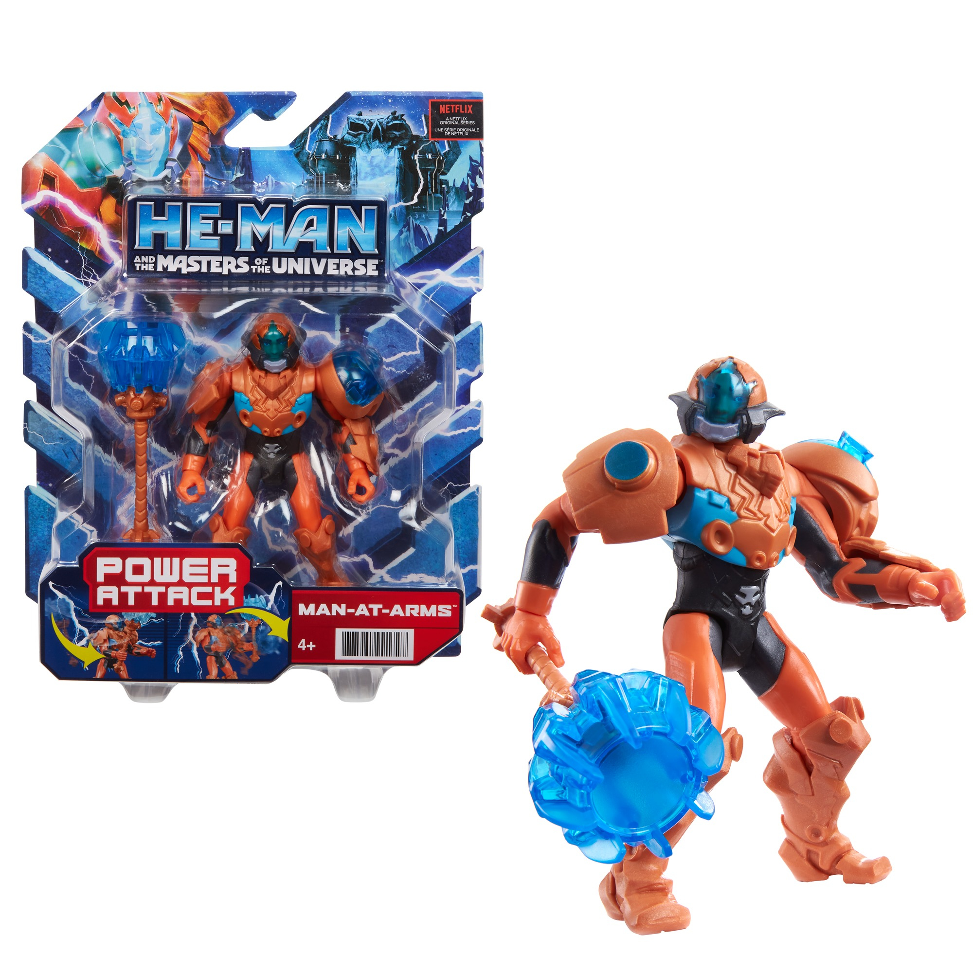 Action figure di Man-At-Arms in confezione. Armatura arancione, arma energetica blu. Confezione con logo He-Man e marchio Netflix.