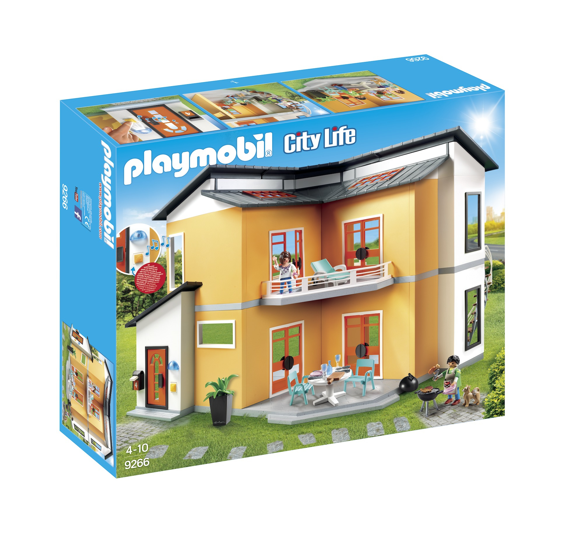 Zestaw pudełkowy domu Playmobil City Life. Przedstawia dwupiętrowy dom z ludźmi, meblami i grillem. Słoneczny dzień.