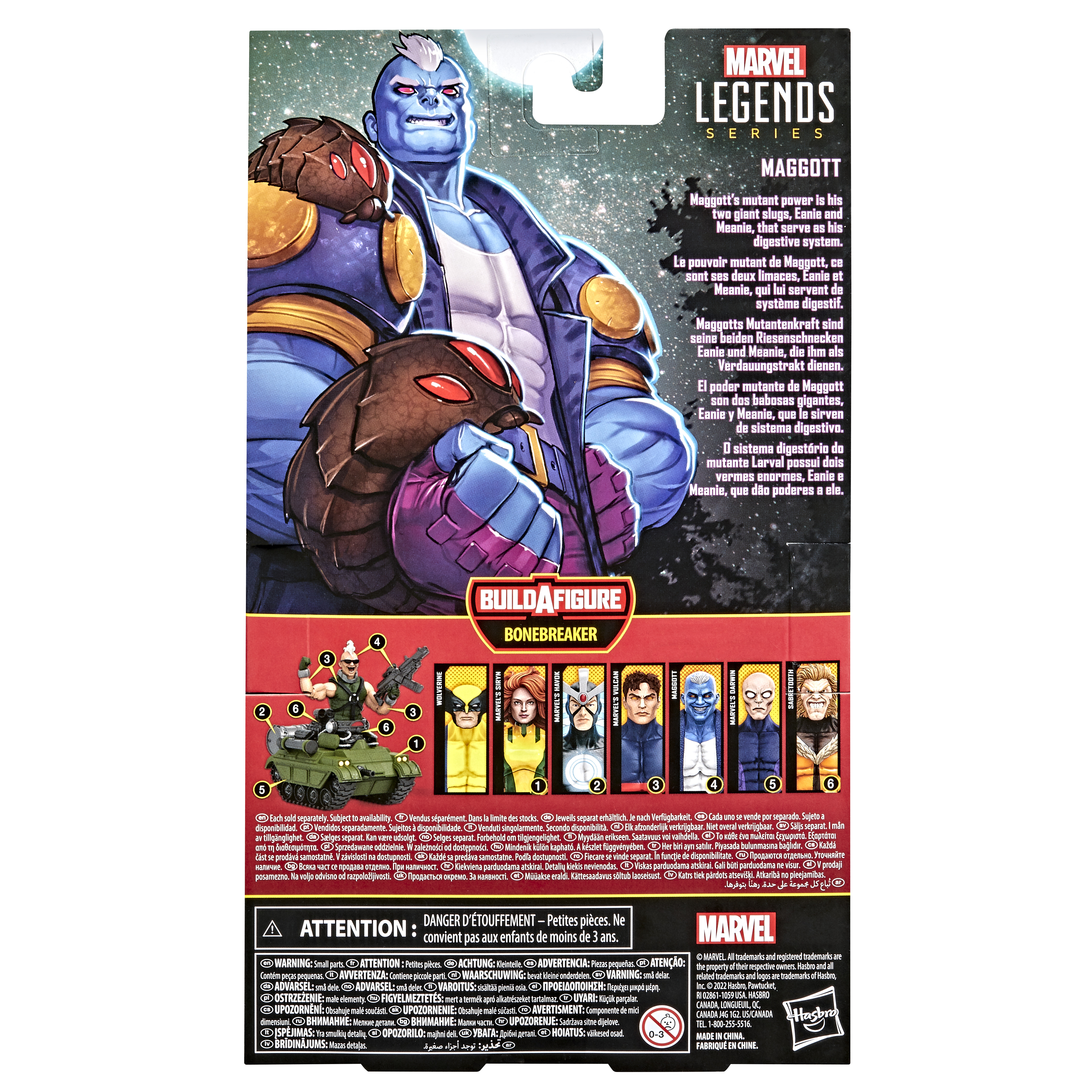 Il retro di una scatola di giocattoli Marvel Legends. Mostra vari personaggi dei fumetti e testo.