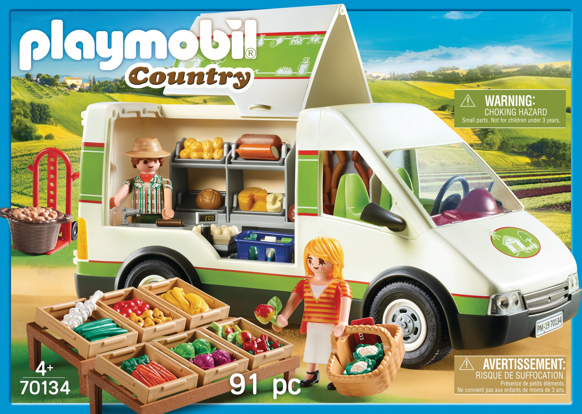 Scena z targu Playmobil Country. Biała ciężarówka sprzedaje produkty takie jak chleb, ser i warzywa. Figurki stoją przy ciężarówce.