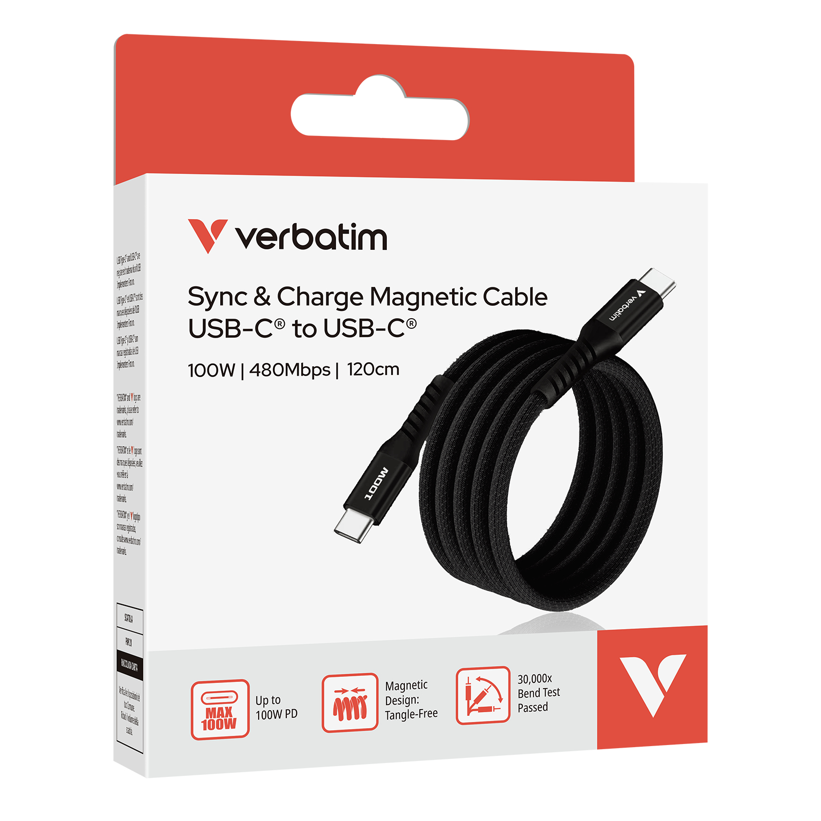 Een magnetische Sync & Charge-kabel van Verbatim. Zwarte kabel op witte achtergrond. Tekstdetails over stroom en functies.