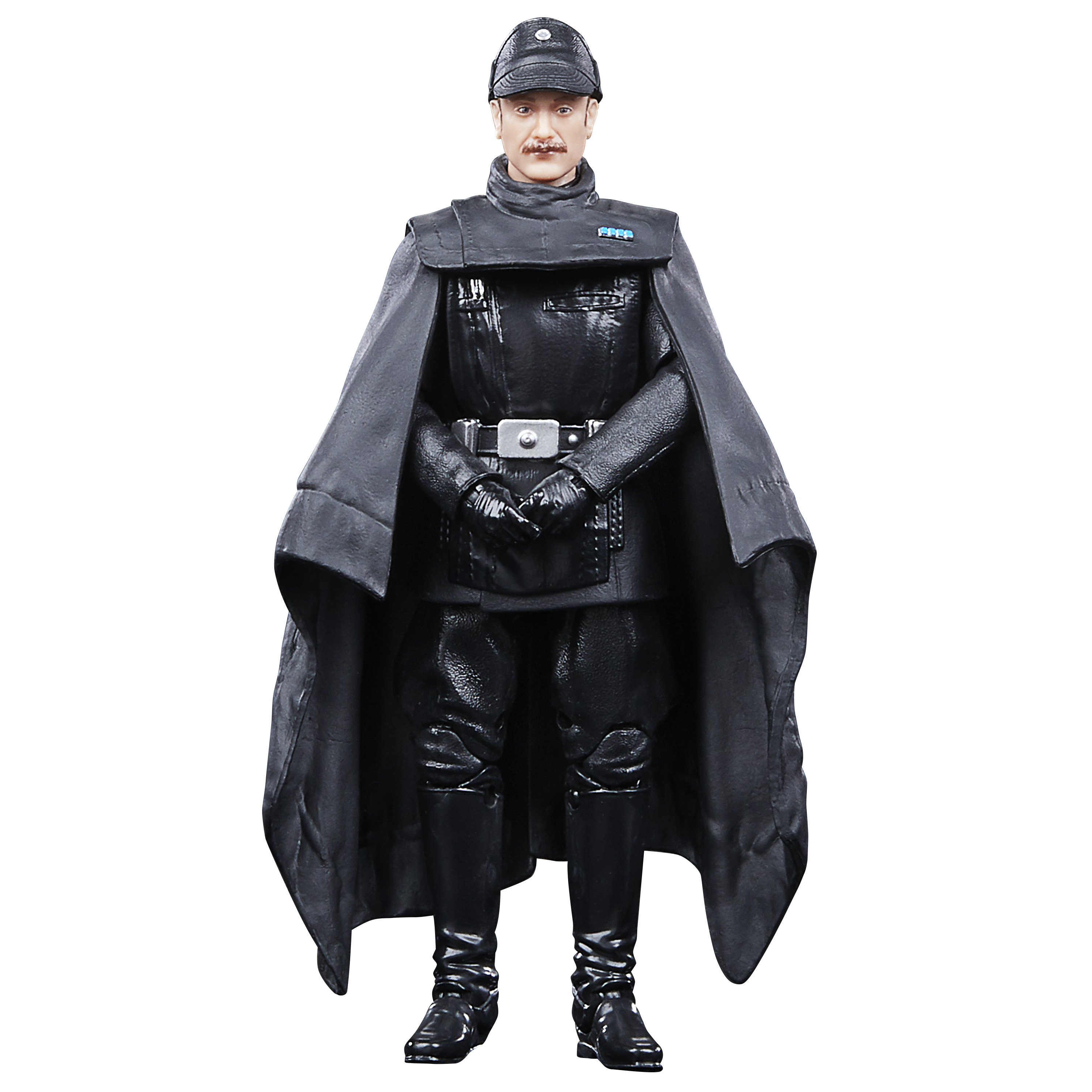 Una figura di Star Wars di un ufficiale in uniforme nera, berretto e mantello, mani giunte. Ha i baffi.