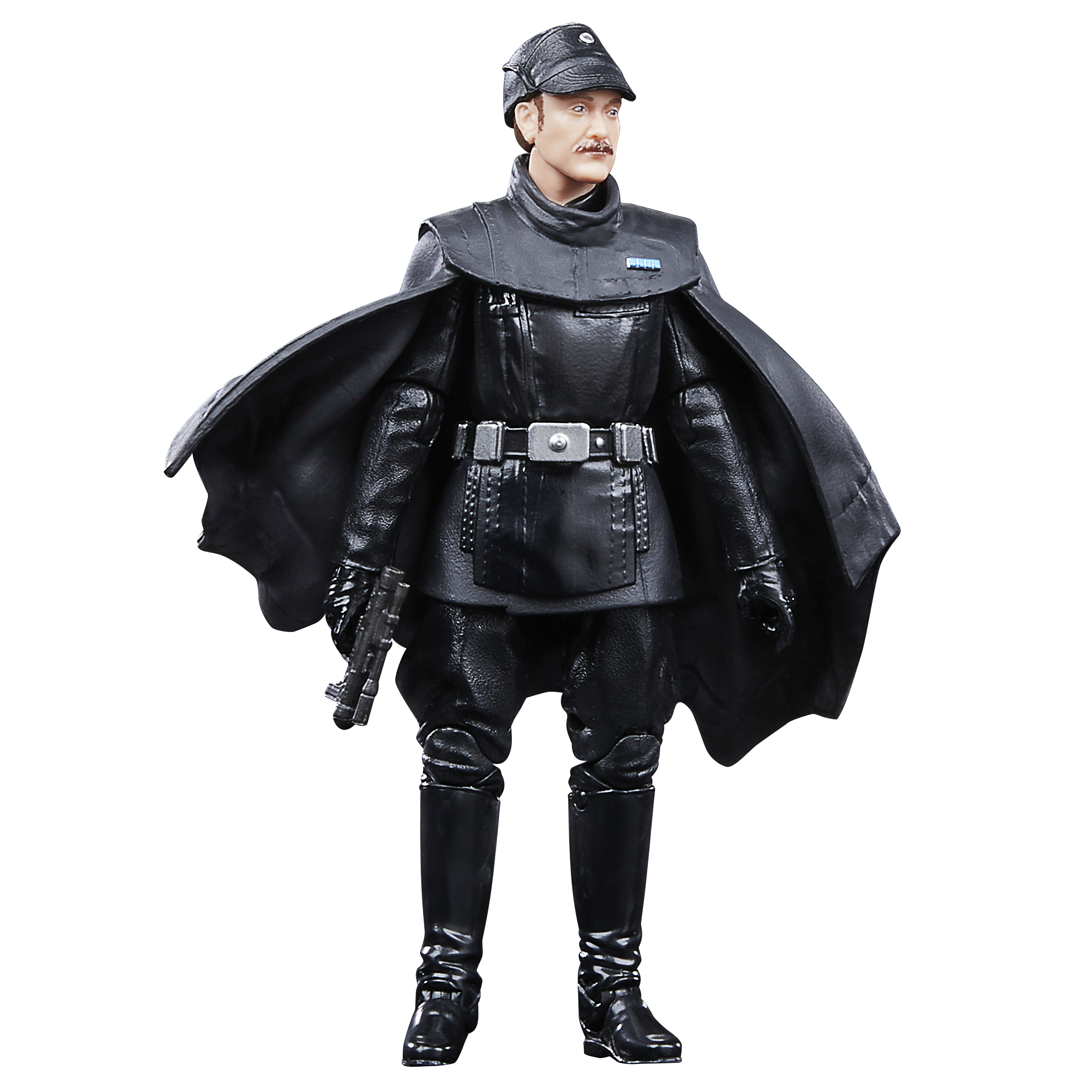 Una figura di Star Wars in uniforme nera, berretto e stivali, che tiene una pistola. La figura ha i baffi e un mantello.