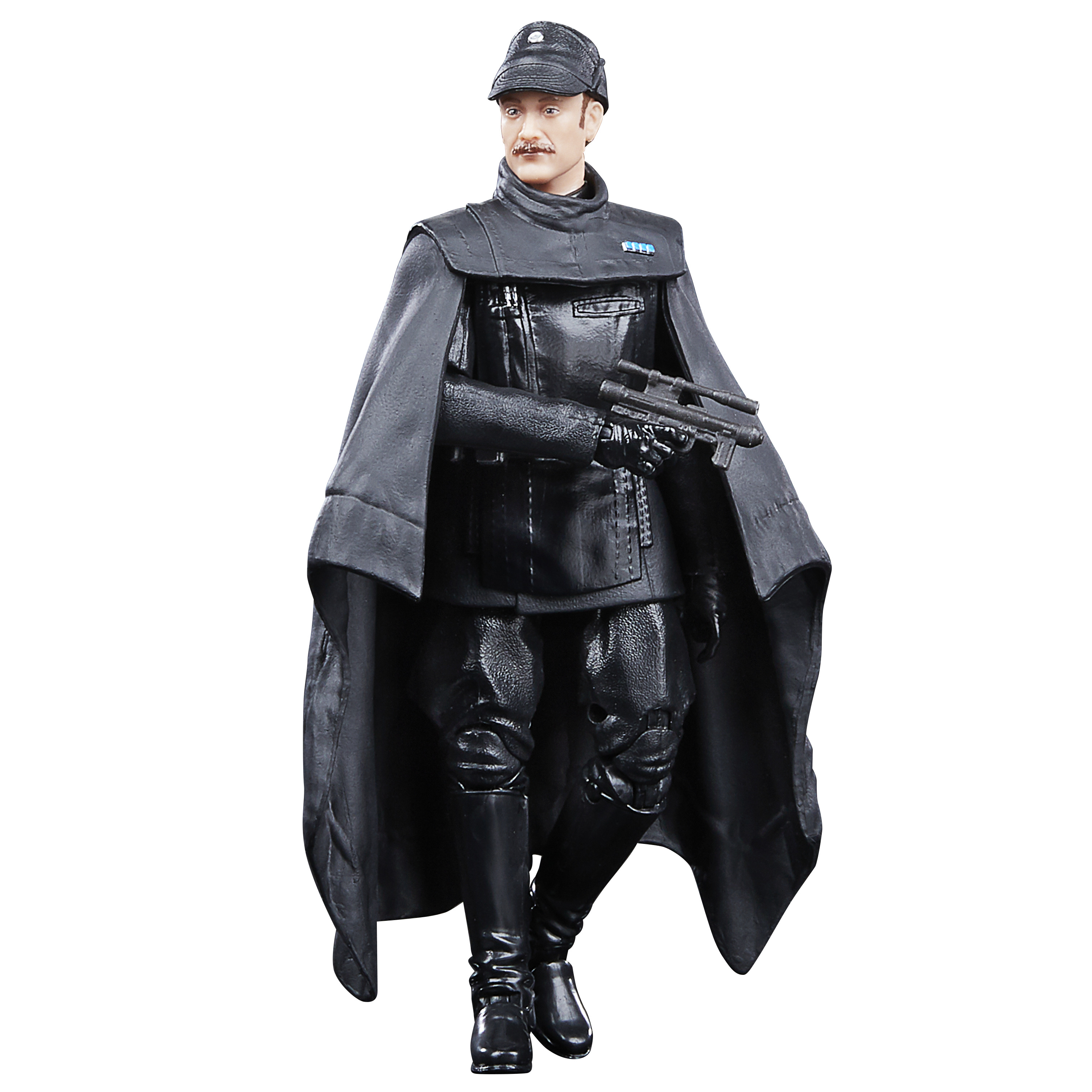 Una statuina di un uomo in uniforme imperiale nera con mantello, berretto e baffi che tiene un blaster.