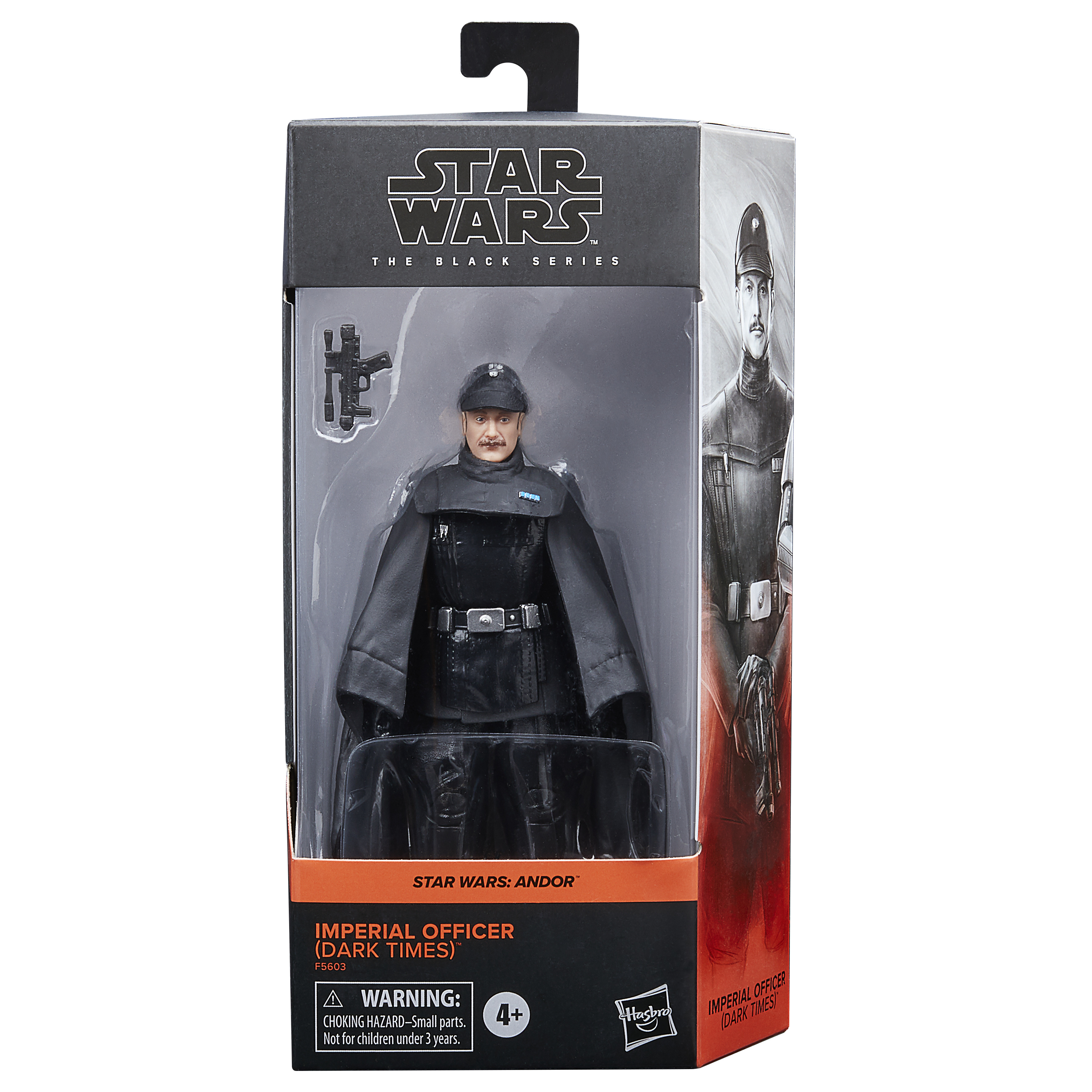 Un personaggio d'azione di un ufficiale imperiale di Star Wars in una scatola. Indossa un'uniforme nera ed è della serie 'Dark Times'.