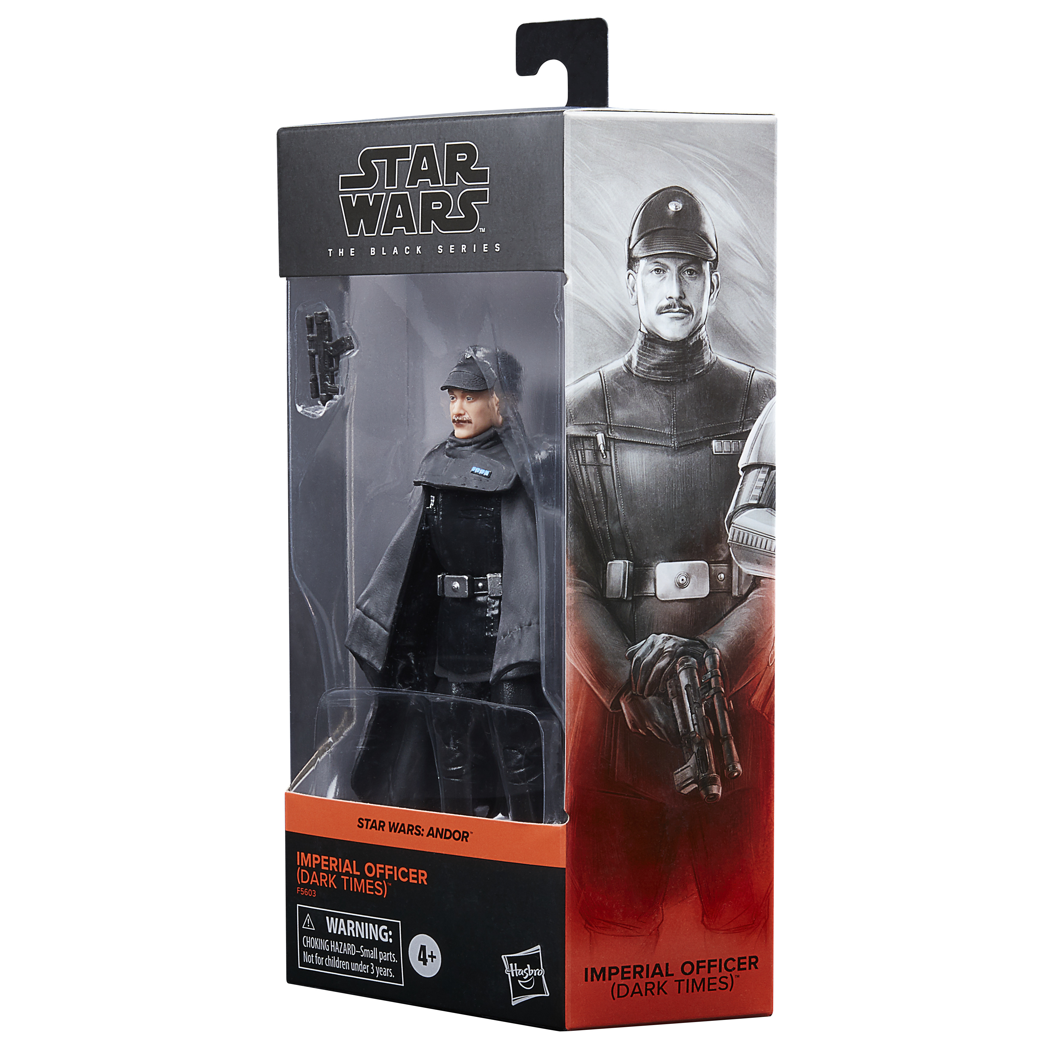 Una scatola di action figure di Star Wars. Mostra una figura di Imperial Officer e un'opera d'arte. La scatola è nera, grigia e arancione.